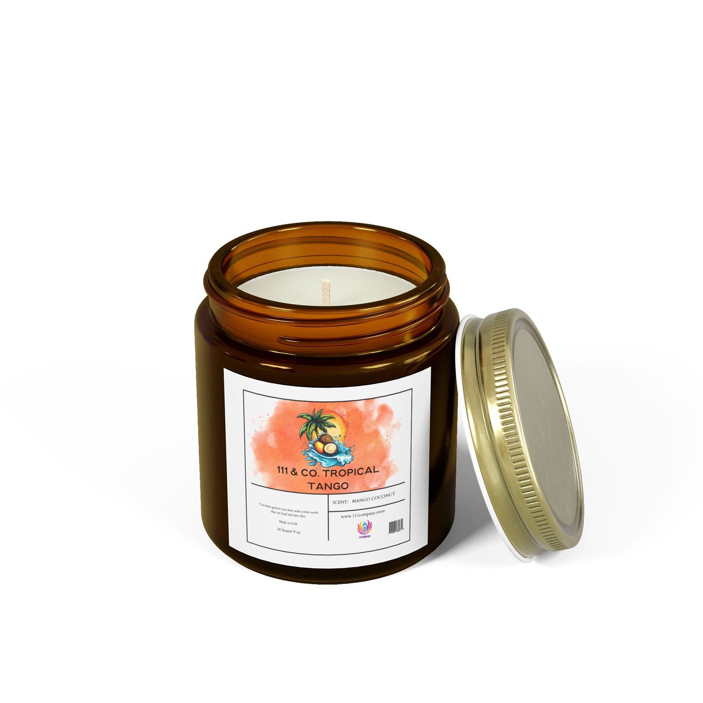A clear jar holds a 111 & Co Coconut Mango Candle by 111 & Company. The label features a palm tree and orange watercolor. Made with eco-friendly coconut apricot wax and essential oils, its tropical aroma is delightful. The metallic lid rests beside the hand-poured 9oz candle.