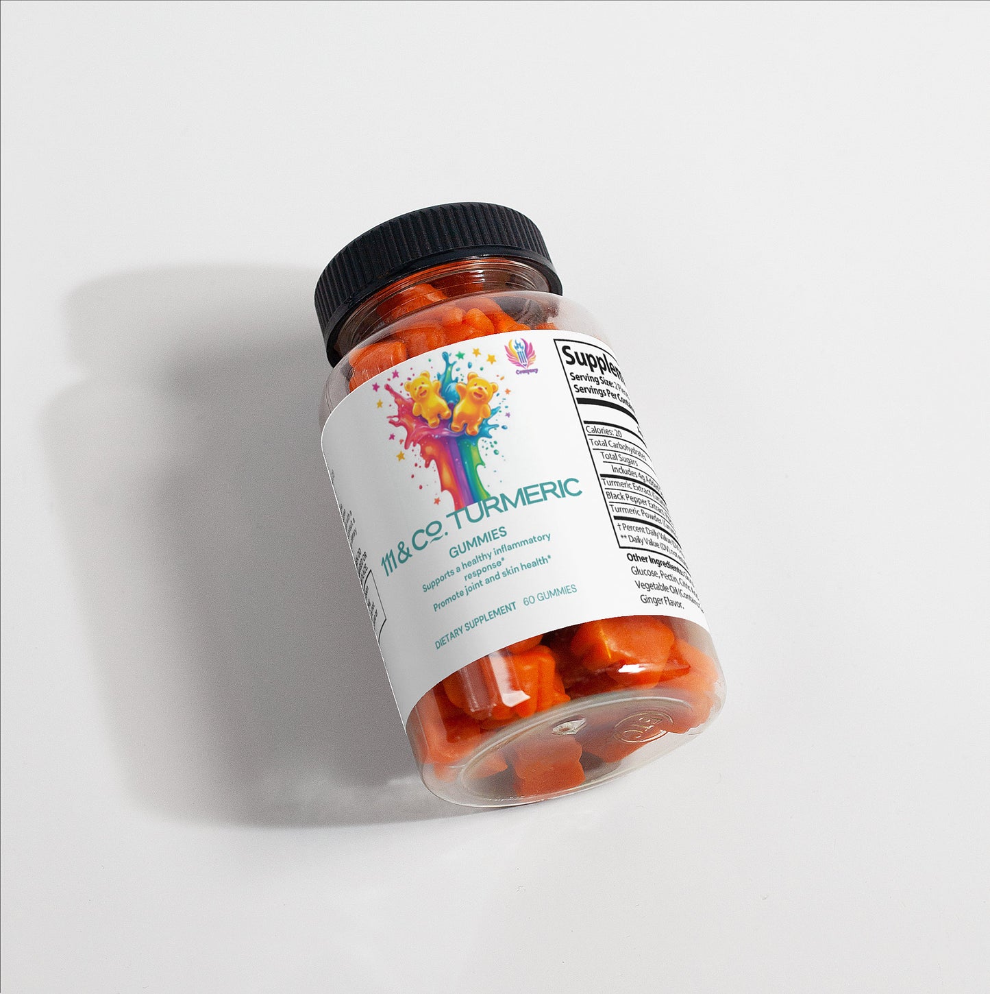 A tilted bottle of 111 & COMPANY TURMERIC GUMMIES rests on a white surface. The label features colorful splashes and reads Turmeric Gummies, showcasing antioxidant properties. With a black cap and vibrant orange gummies, it promises curcumin-rich dietary supplements.