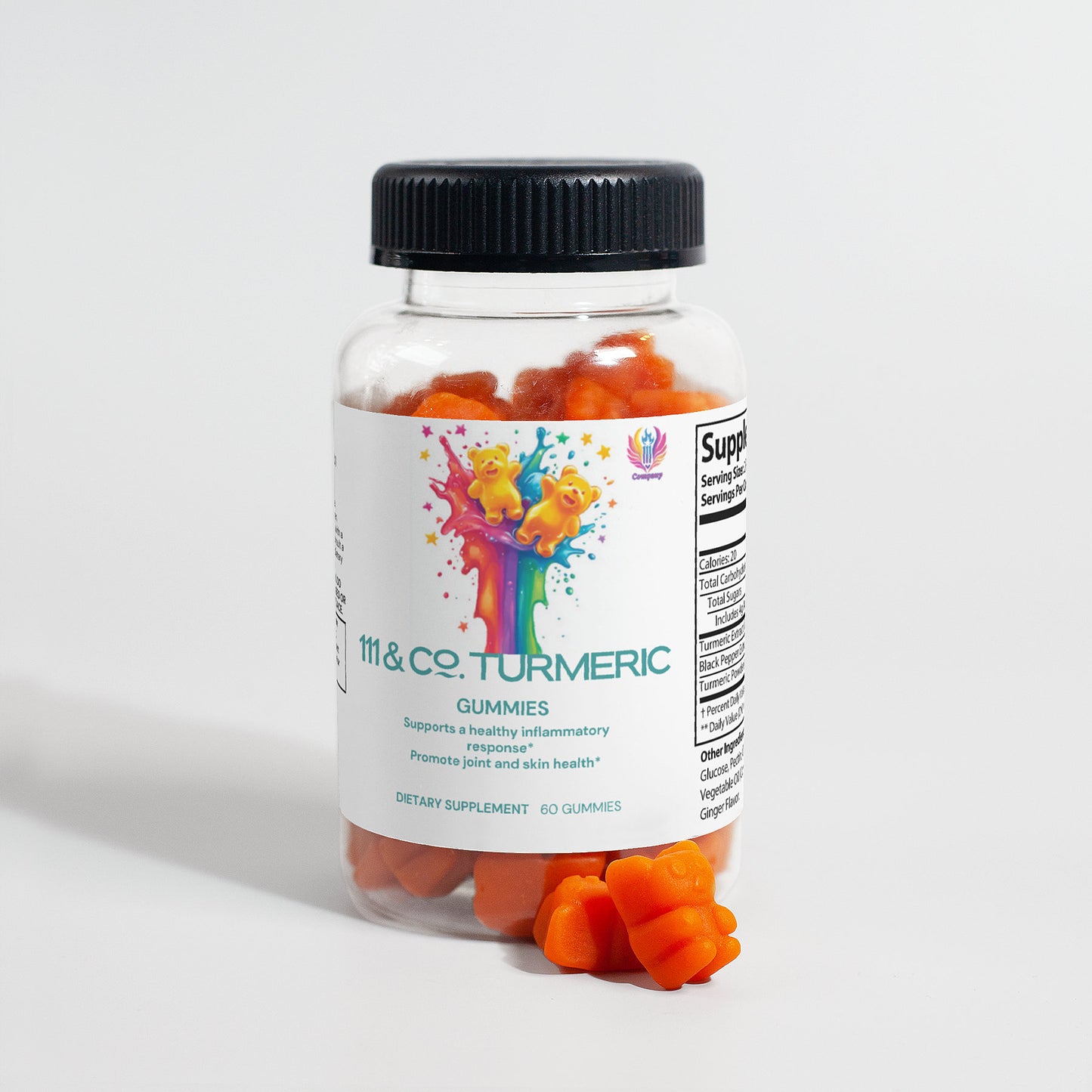 A clear bottle with a black screw cap contains orange gummies and features a colorful label with dancing gummies and splashes. It reads 111 & COMPANY TURMERIC GUMMIES, emphasizing antioxidant properties. Some curcumin-rich gummies by 111 & Company are scattered outside the bottle.
