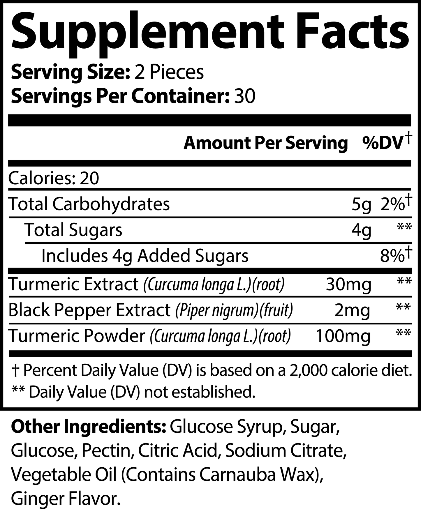 Supplement Facts label for 111 & COMPANY TURMERIC GUMMIES by 111 & Company. Serving size: 2 gummies, 20 calories. Contains 5g carbs, 4g sugars. Includes turmeric extract (20mg), black pepper extract (2mg), turmeric powder (100mg). Other ingredients: glucose syrup, sugar, pectin, citric acid, ginger flavor. Benefits include antioxidant properties!.