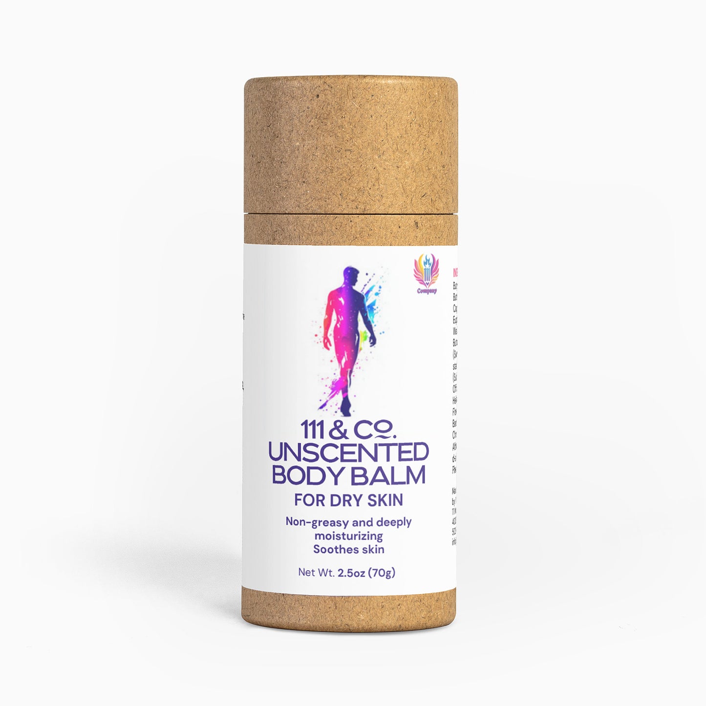 A cylindrical container of 111 & Company Unscented Body Balm for dry skin showcases a colorful silhouette of a walking person with Non-greasy and deeply moisturizing, soothes skin text. The cardboard container has a textured natural beige lid. Net Wt. 2.5oz (70g).