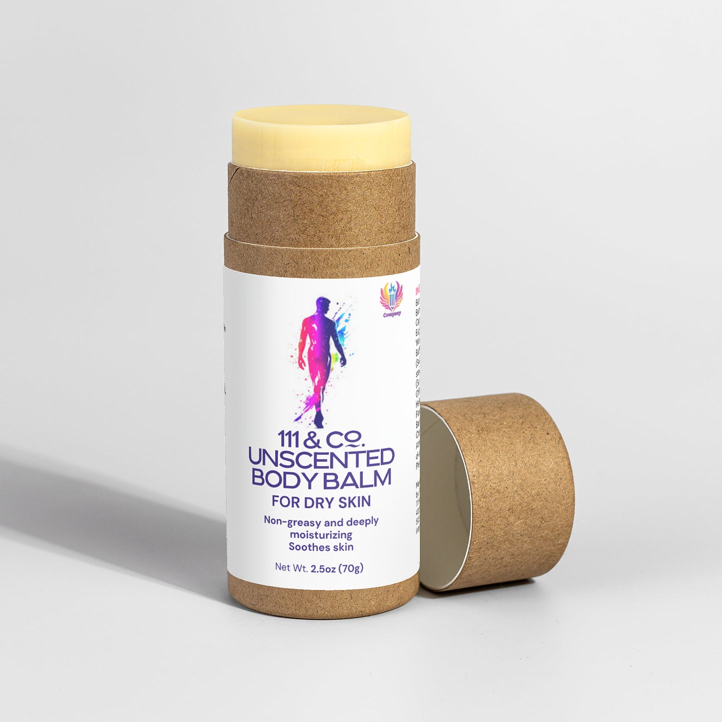 A tube of 111 & Company Unscented Body Balm lies on its side with the cap off, revealing the solid balm. The label features colorful designs and a silhouette, highlighting this eco-friendly, non-greasy moisturizer for dry skin. Net weight: 2.5 oz (70g).
