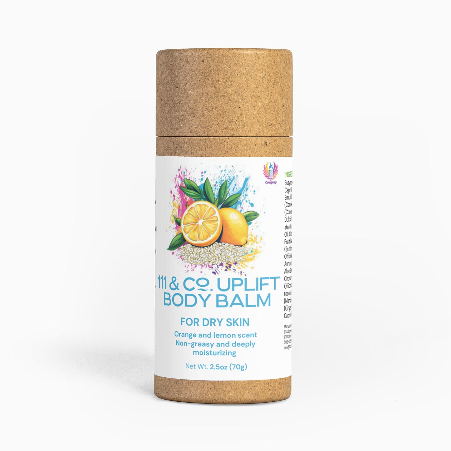A cylindrical cardboard tube marked 111 & COMPANY UPLIFT BODY BALM from 111 & Company is shown, featuring an eco-friendly design with orange and lemon images. It offers a refreshing citrus scent, non-greasy, moisturizing properties, and weighs 2.5 oz (70g).