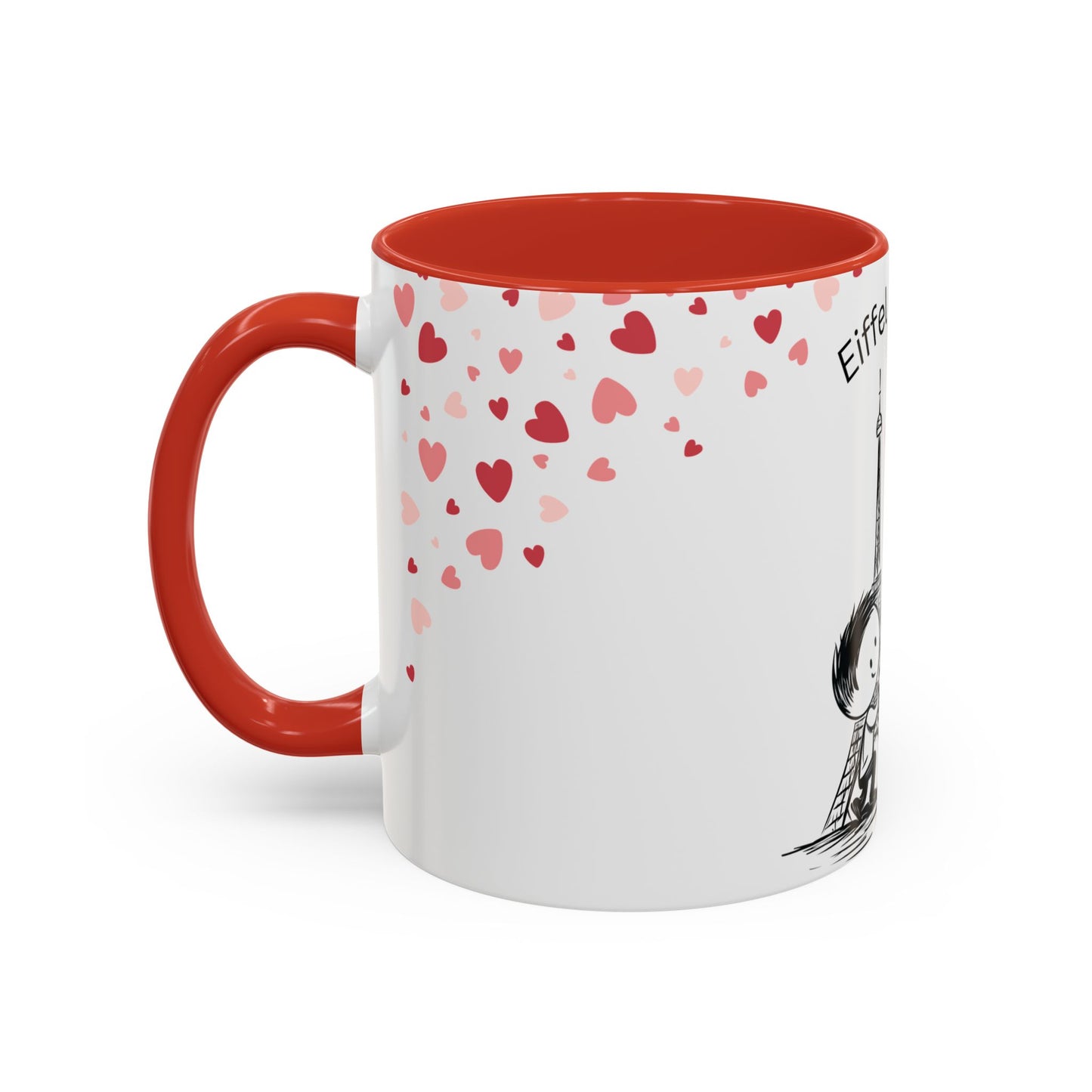 The 111 & COMPANY Valentines Eiffel Tower Coffee Mug by 111 & Company is a white ceramic mug with a red handle and interior. It showcases a romantic design of someone under an umbrella with cascading red and pink hearts, alongside the Eiffel Tower, ideal for Valentines Day.
