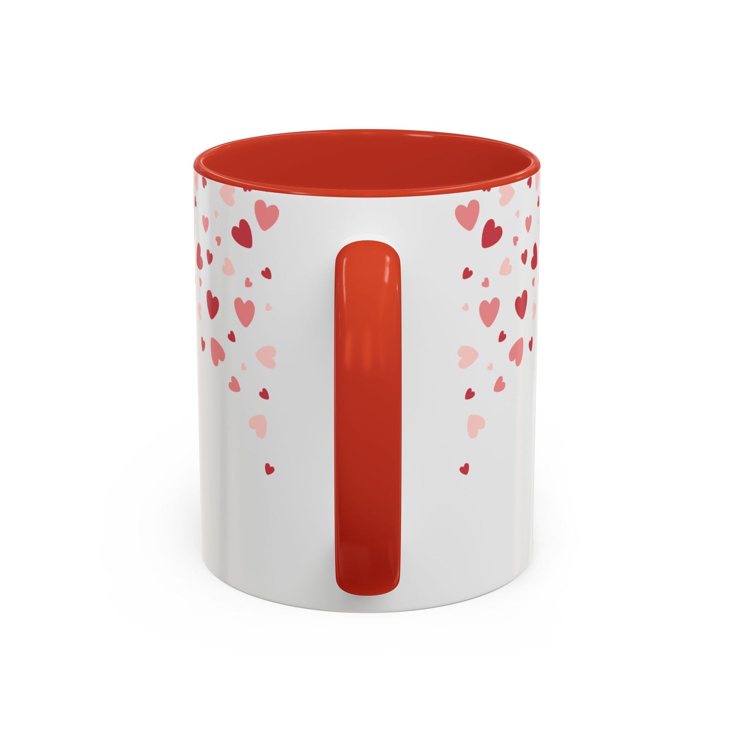 The 111 & COMPANY Valentines Eiffel Tower Coffee Mug, with a white exterior, red interior and handle, features scattered red and pink hearts in varying sizes. This charming 11 oz mug adds a romantic touch to your morning routine.