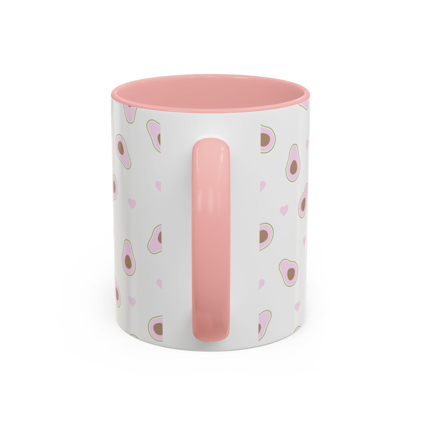 The 111 & COMPANY Valentines Avocado Toast Coffee Mug by 111 & Company is ideal for avocado enthusiasts with its vibrant pink interior and handle. Its exterior displays avocados and pink hearts against a white backdrop, highlighting the charming design and handle from a side view.