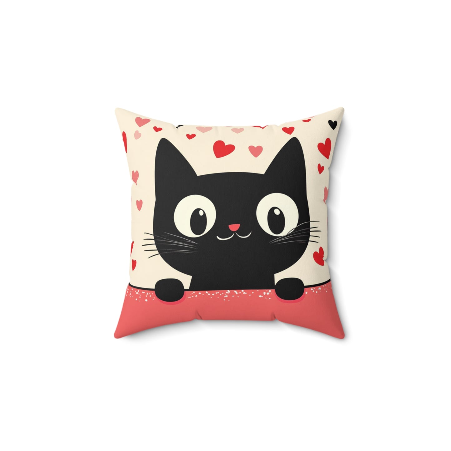 The 111 & COMPANY Valentines Cat Love Square Pillow by 111 & Company showcases an adorable black cat with wide eyes and whiskers against a beige backdrop adorned with scattered red hearts. The red-accented bottom complements the heart theme, making it a perfect cozy gift for any cat lover.