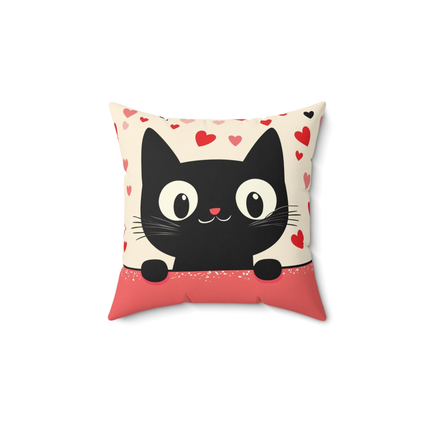 The 111 & COMPANY VALENTINES CAT LOVE SQUARE PILLOW showcases a charming cartoon black cat with wide eyes, a pink nose, and whiskers on a heart-speckled background. Red and white dots add flair to the bottom half, making it an ideal cozy gift for any playful room decor.
