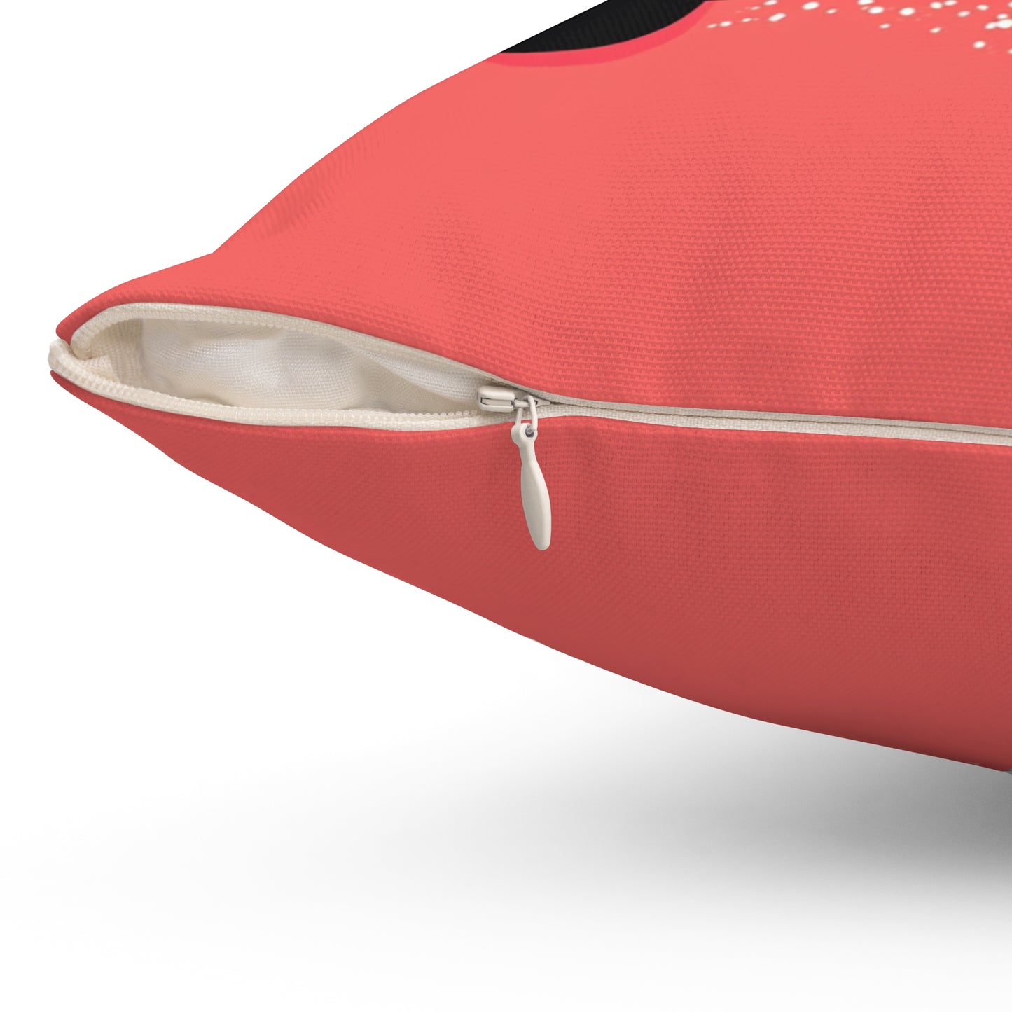 A close-up of the 111 & COMPANY Valentines Cat Love Square Pillow in coral showcases a cozy texture with a partially open visible white zipper. The edges have a charming black, white, & coral design. The left-positioned zipper pull reveals the inner lining—perfect as a cozy gift.