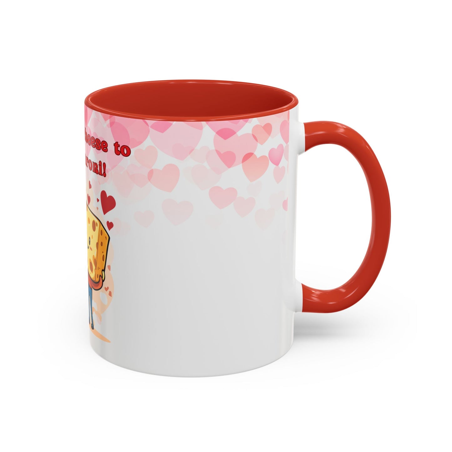 111 & Company Valentines Cheese & Macaroni Coffee Mug, 11 oz, features a white ceramic design with a vibrant red handle and interior, showcasing a quirky toast graphic with eyes and heart. Scattered pink hearts complement the colors, partially displaying the text ending in toast.
