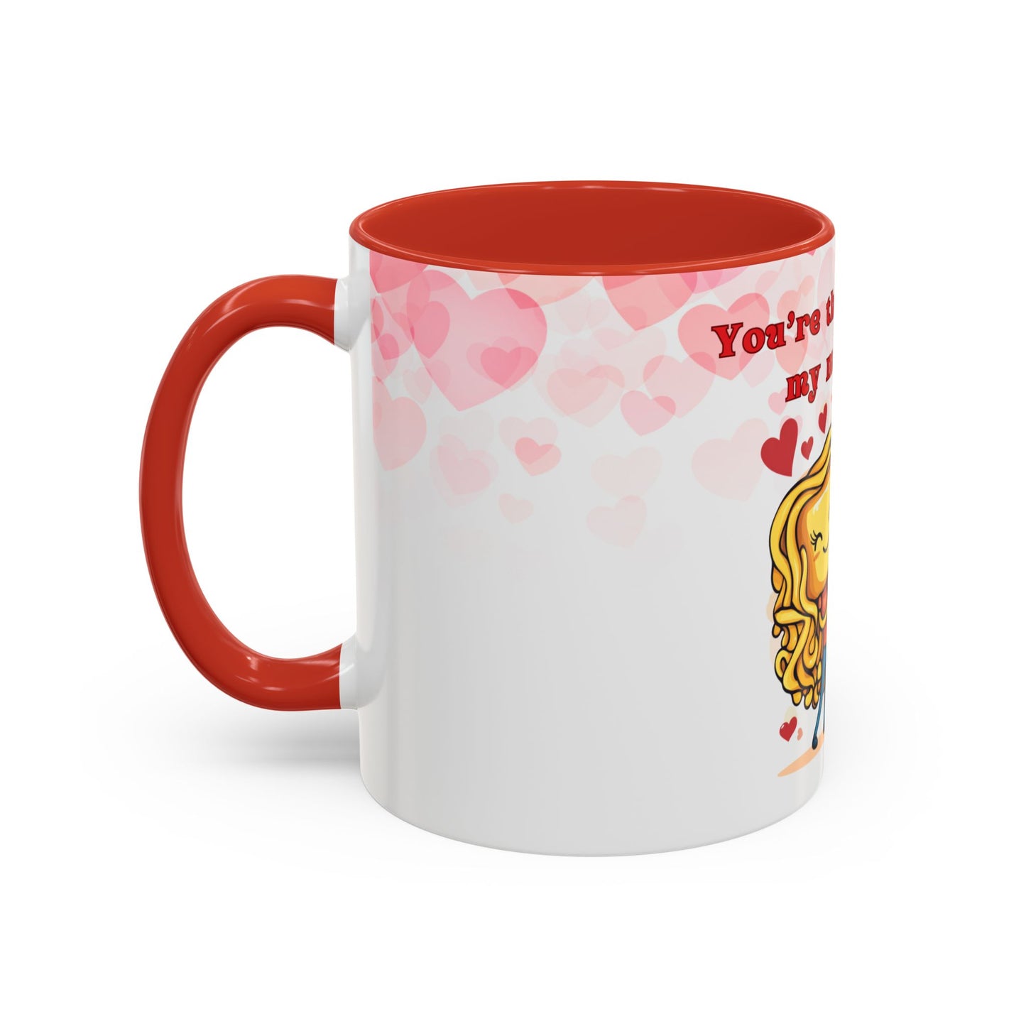 The 111 & Company Valentines Cheese & Macaroni Coffee Mug (11 oz) is a white ceramic mug with a red handle and interior. It features a quirky cartoon woman with curly hair, surrounded by pink and red hearts, with the playful text, Youre one in a melon.
