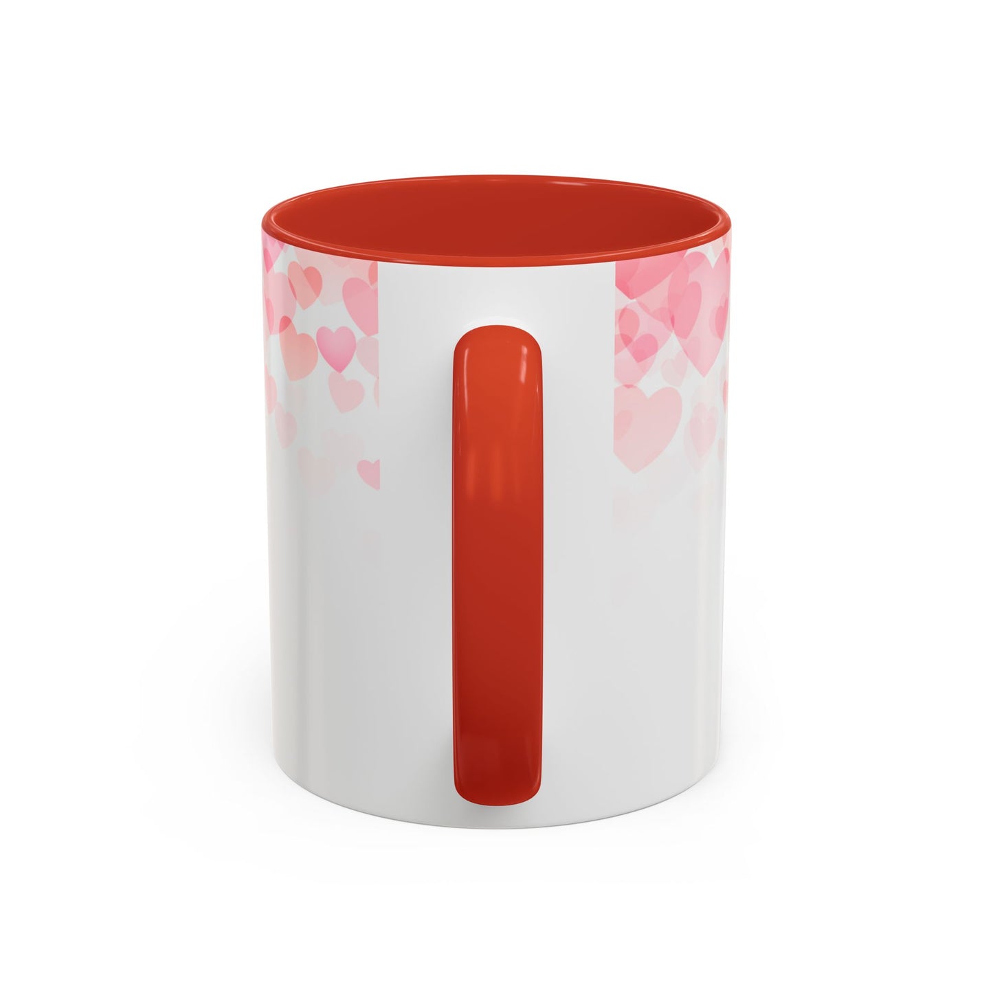The 111 & COMPANY Valentines Cheese & Macaroni Coffee Mug features a white ceramic exterior with faded pink and red hearts near the top, a vibrant red interior, and handle. Styled against a plain white background with the handle forward, it adds a captivating pop of color.