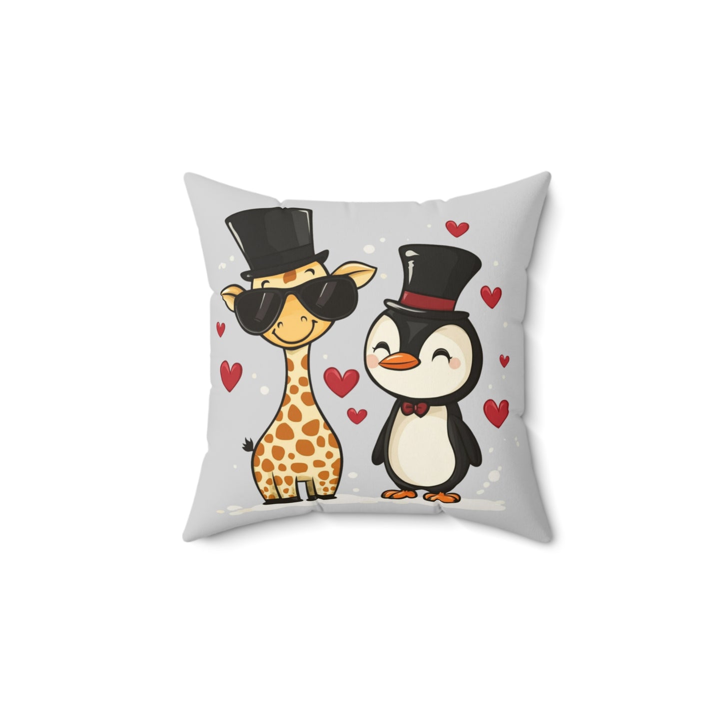 The 111 & COMPANY Valentines Cute Couples Pillow features a cartoon giraffe with sunglasses and top hat alongside a penguin in a top hat and bowtie, set against red hearts on light gray, perfect home decor for animal lovers.
