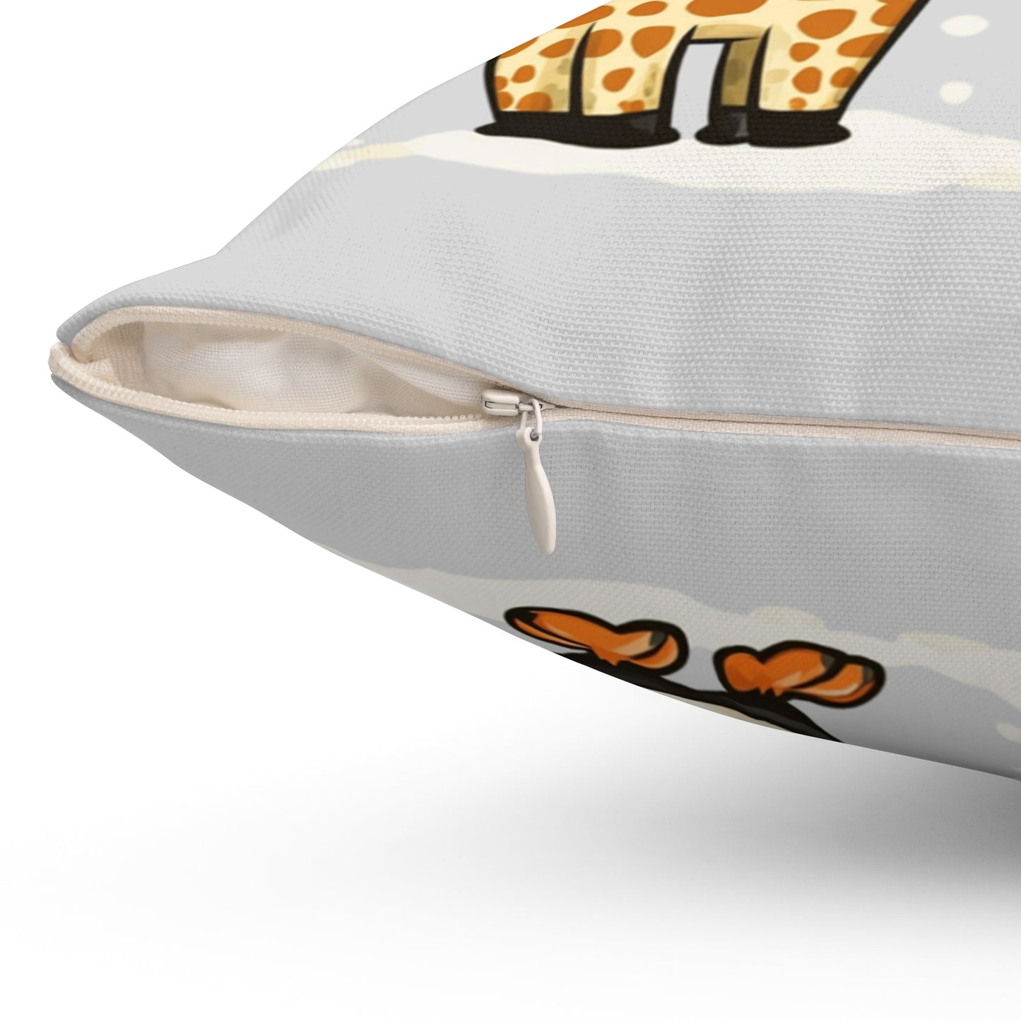 Close-up of 111 & Company Valentines Cute Couples Pillow by 111 & Company, featuring a light gray background adorned with cartoon giraffe and penguin motifs. The zippered opening reveals inside fabric. Ideal for animal lovers, with charming giraffe legs and orange accents enhancing decor appeal.