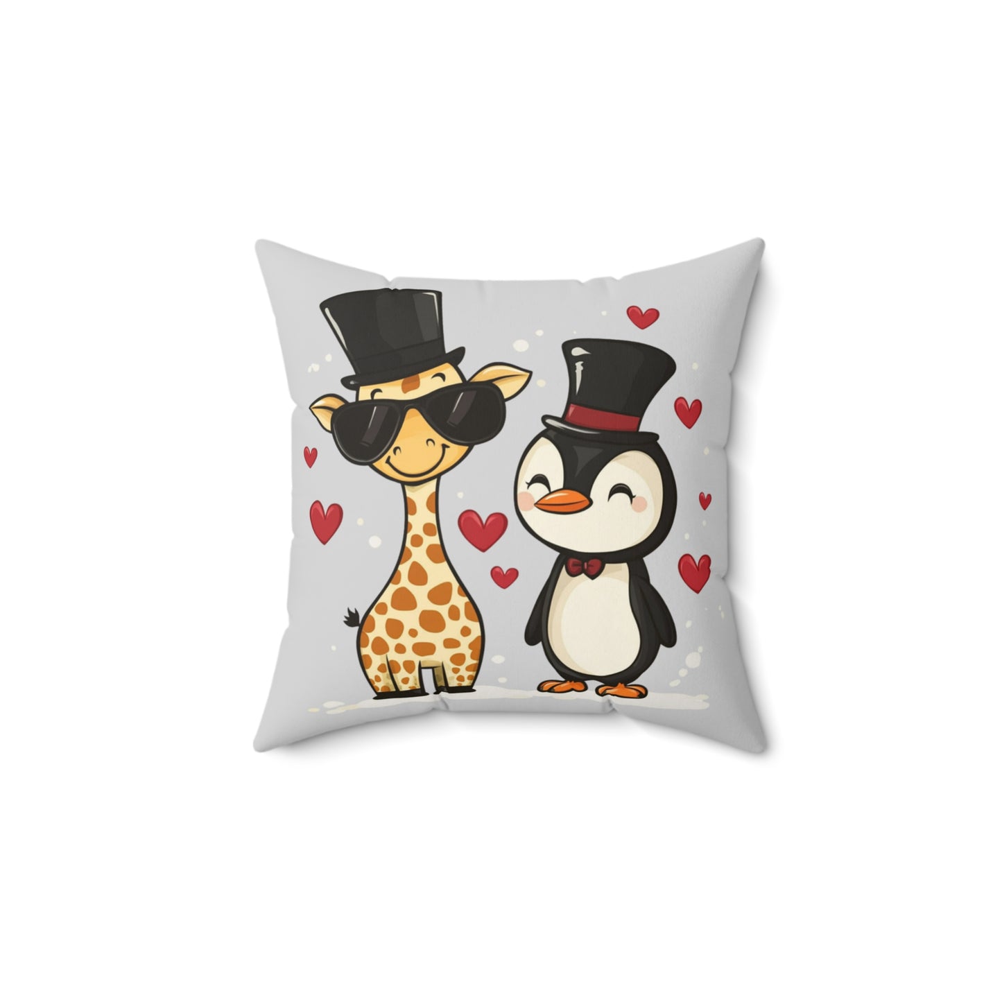 The 111 & COMPANY Valentines Cute Couples Pillow Giraffe & Penguin by 111 & Company features a whimsical design of a giraffe with sunglasses and top hat, and a penguin with top hat and red bow tie, surrounded by small red hearts—ideal for adding charm to any animal lovers decor.