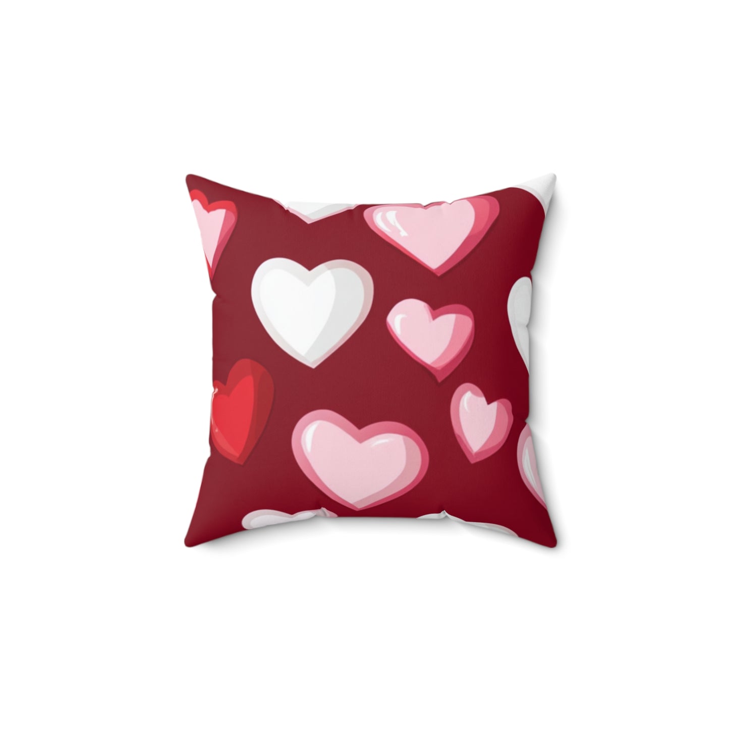 The 111 & Company Valentines Heart Pattern Pillow showcases hearts in red, pink, and white on a deep red backdrop. Its random heart arrangement adds playfulness and elegance, making it the perfect Valentines Day gift to elevate any home with its romantic design.