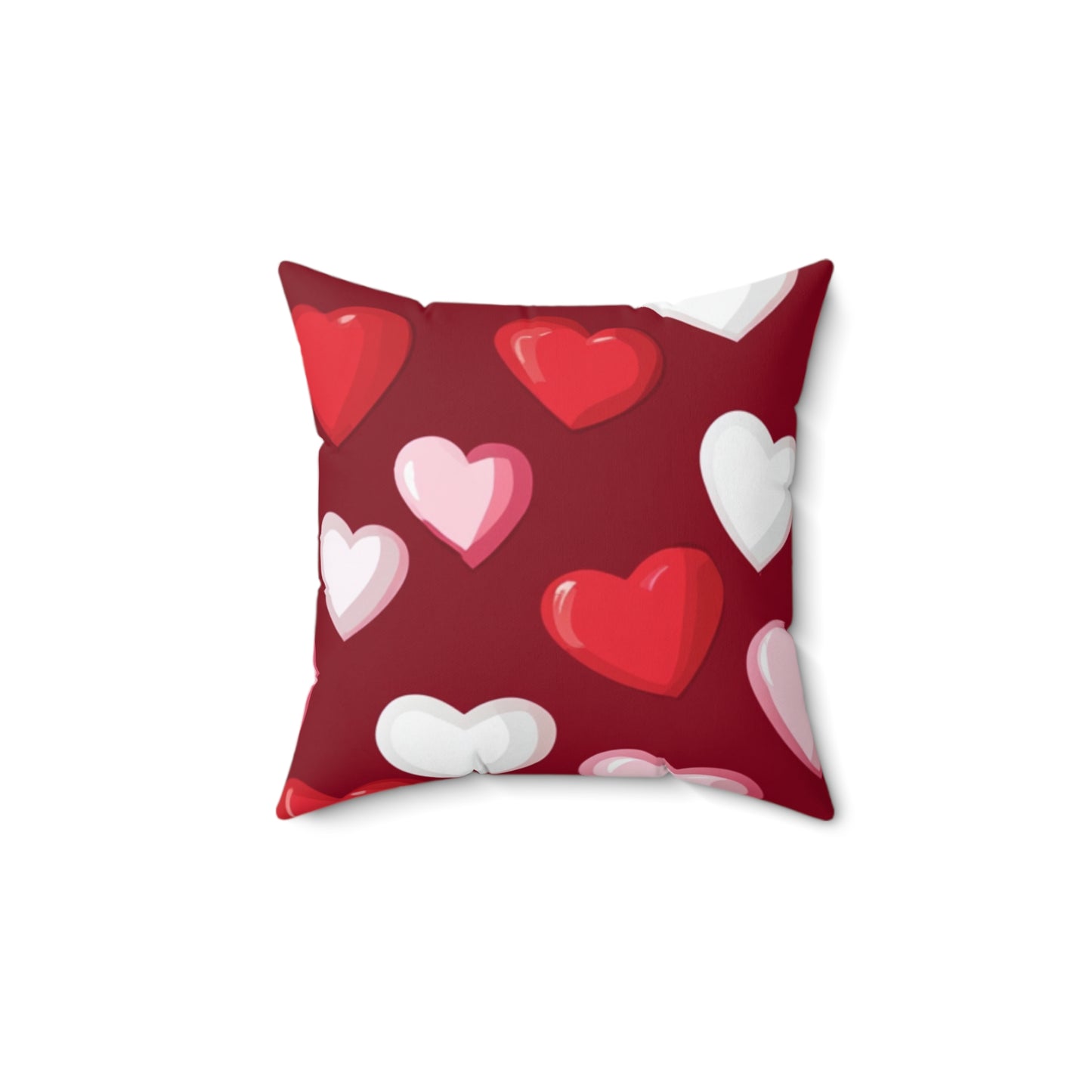 The 111 & COMPANY VALENTINES HEART PATTERN PILLOW by 111 & Company features a romantic design with red, white, and pink hearts of various sizes on a deep red square background—ideal for Valentines Day or as a heart-pattern cushion for home decor.