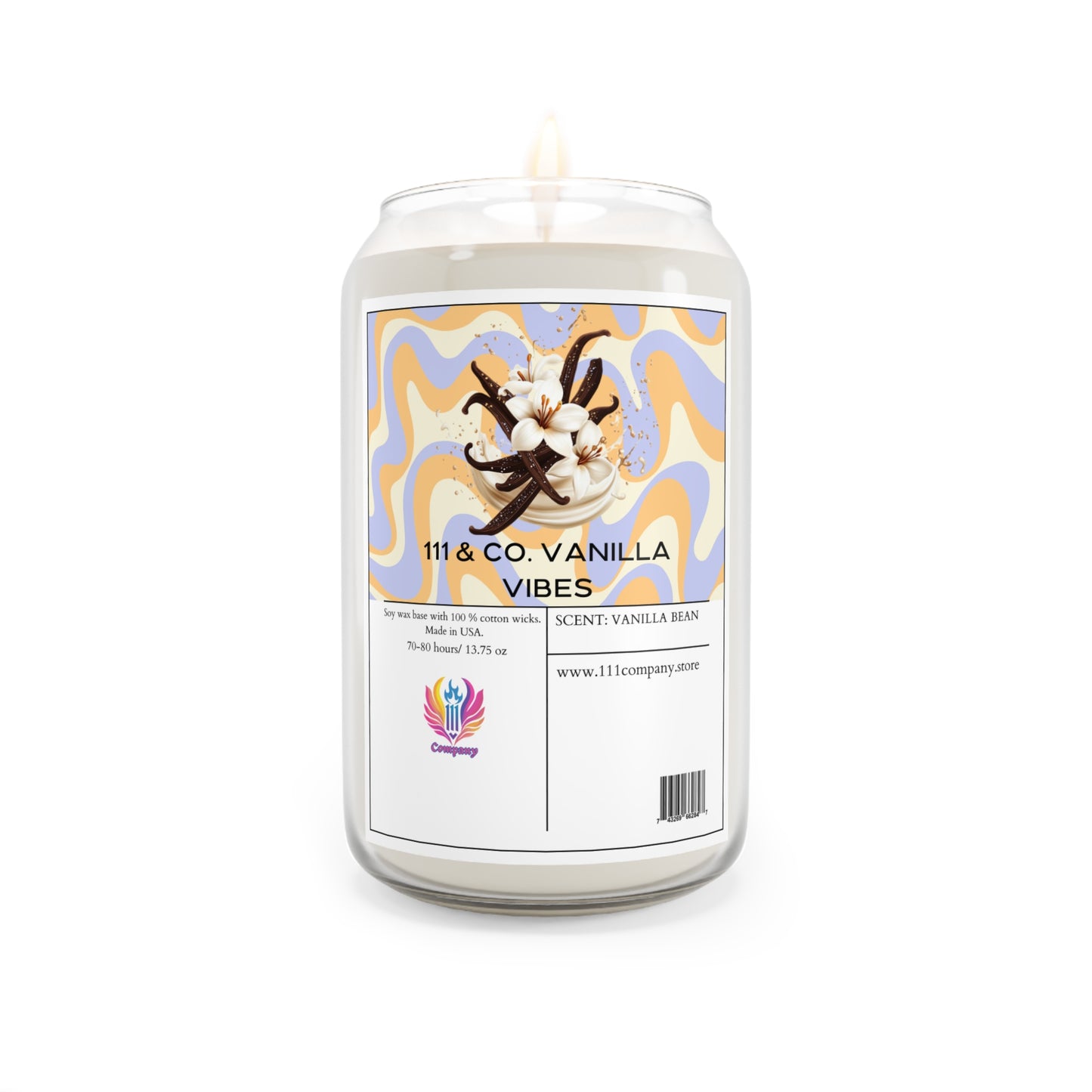 Discover the 111 & COMPANY VANILLA VIBES candle featuring soy wax and a warm vanilla bean scent. Housed in a glass jar, it showcases vanilla beans and flowers on the label, with wavy pastel patterns. Enjoy 70+ hours of burn time. Explore at www.111company.store.