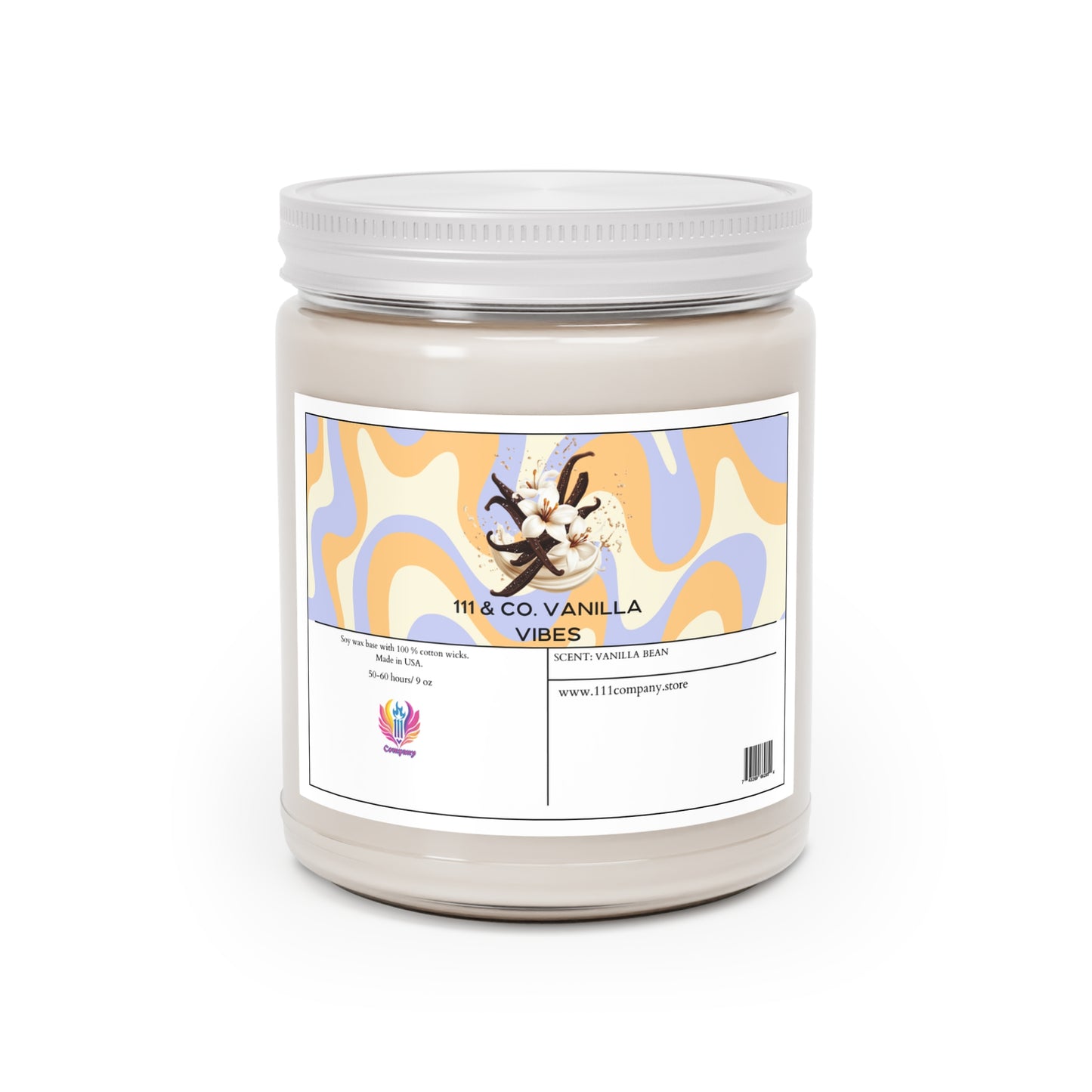 A 9oz soy wax candle in a jar labeled with vanilla beans, flowers, and abstract patterns in pastel blue, orange, and cream. 111 & Co. Vanilla Vibes features Vanilla Bean and includes a website link. A colorful 111 & Company logo is at the bottom left.