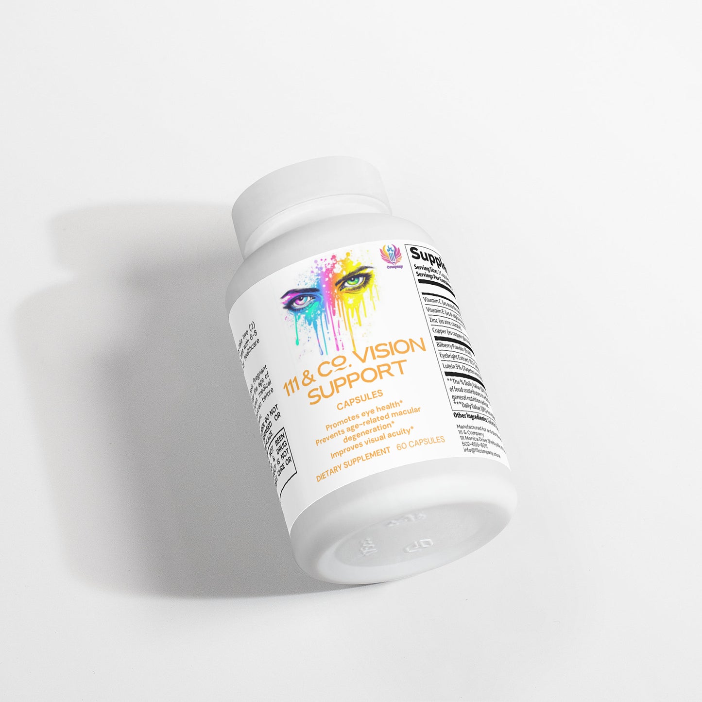 A white bottle of 111 & COMPANY VISION SUPPORT CAPSULES by 111 & Company rests on its side, showcasing vibrant eyes and highlighting antioxidants like lutein and zeaxanthin. The white capped bottle contains 60 capsules, casting shadows on a light surface—an eye health supplement.