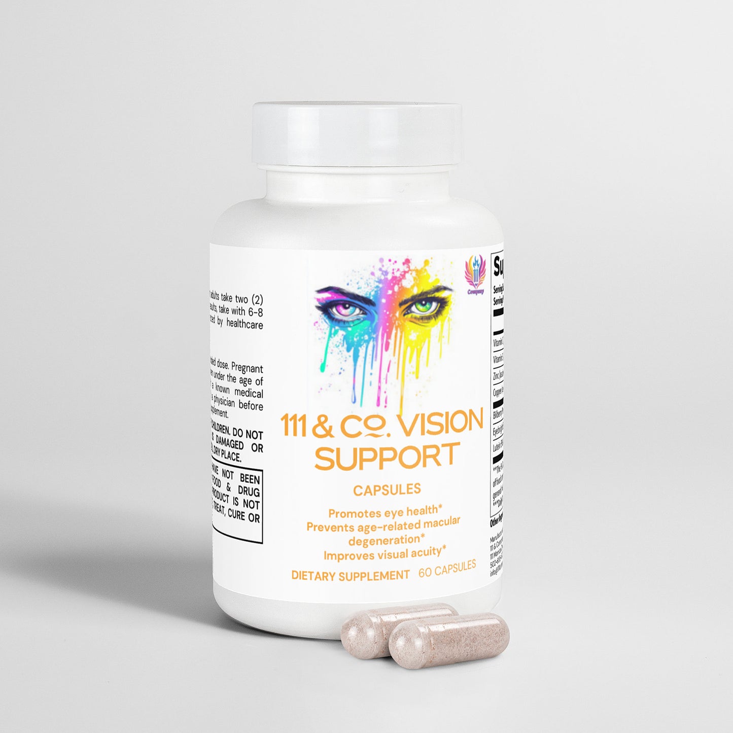 A white supplement bottle labeled 111 & Company Vision Support by 111 & Company features a vibrant eye design, highlighting antioxidants that support eye health and visual acuity. Two beige capsules rest in front on a light gray background.