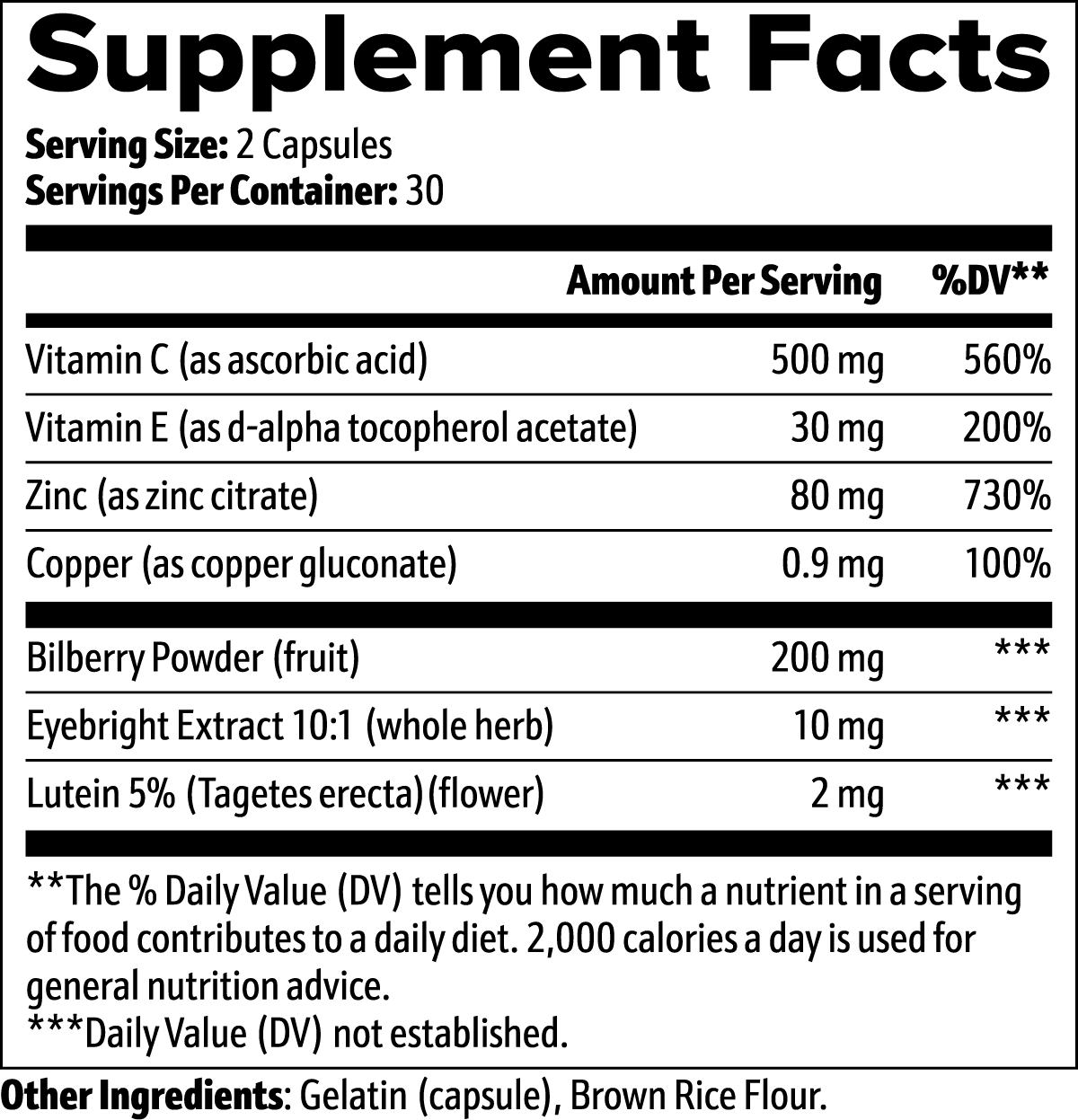 111 & COMPANY VISION SUPPORT CAPSULES offer Supplement Facts for 2 capsules/serving and 30 servings/container, including Vitamin C, E, Zinc, Copper, Bilberry Powder, and Eyebright Extract in gelatin with brown rice flour. Lutein and antioxidants are also included. Daily values vary.