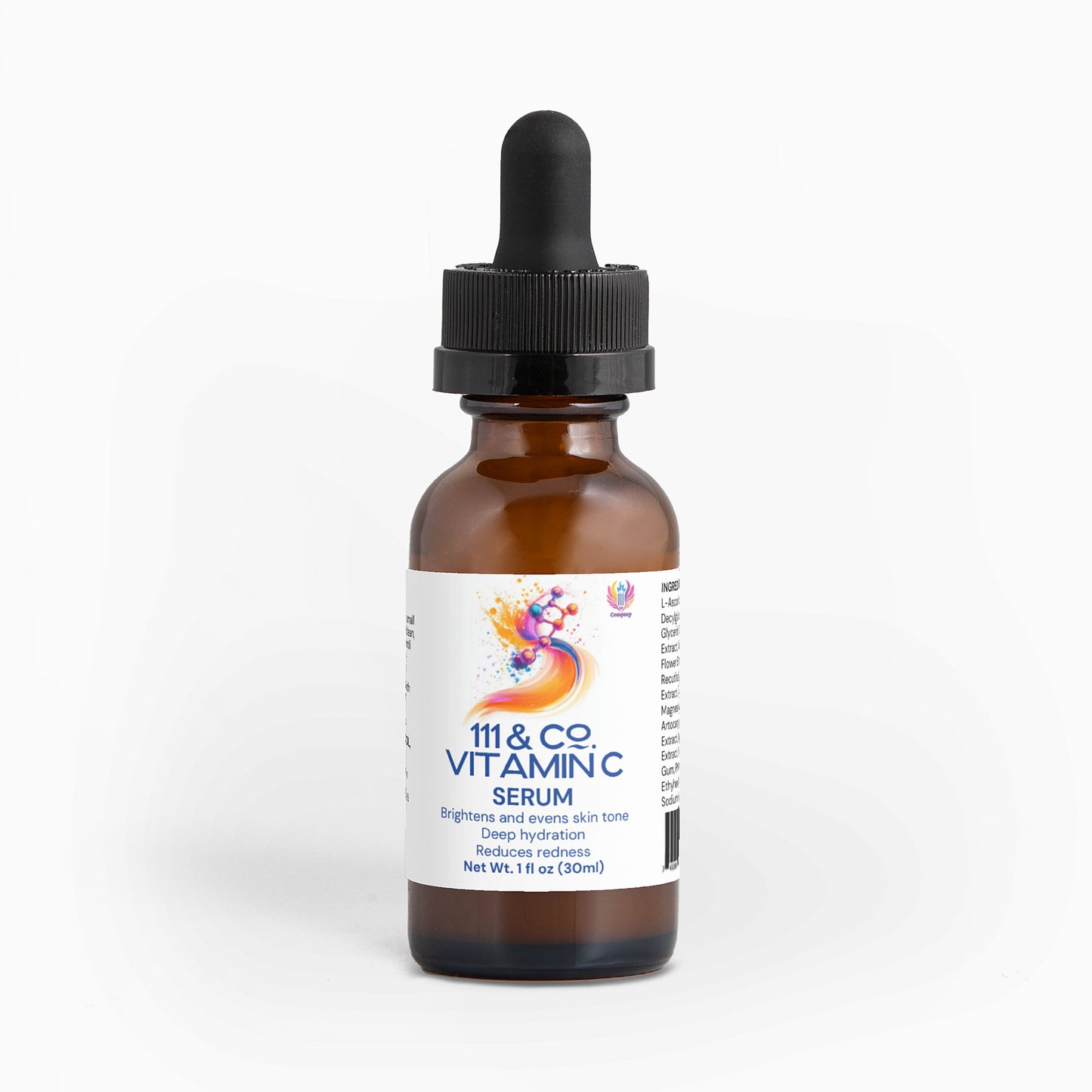 A brown glass bottle with a black dropper cap, labeled 111 & COMPANY VITAMIN C SERUM by 111 & Company, provides antioxidant protection and boosts collagen. The label reads, Brightens and evens skin tone. Deeply radiates, with a 1 fl. oz (30 ml) design featuring a vibrant S-shaped splash of colors.