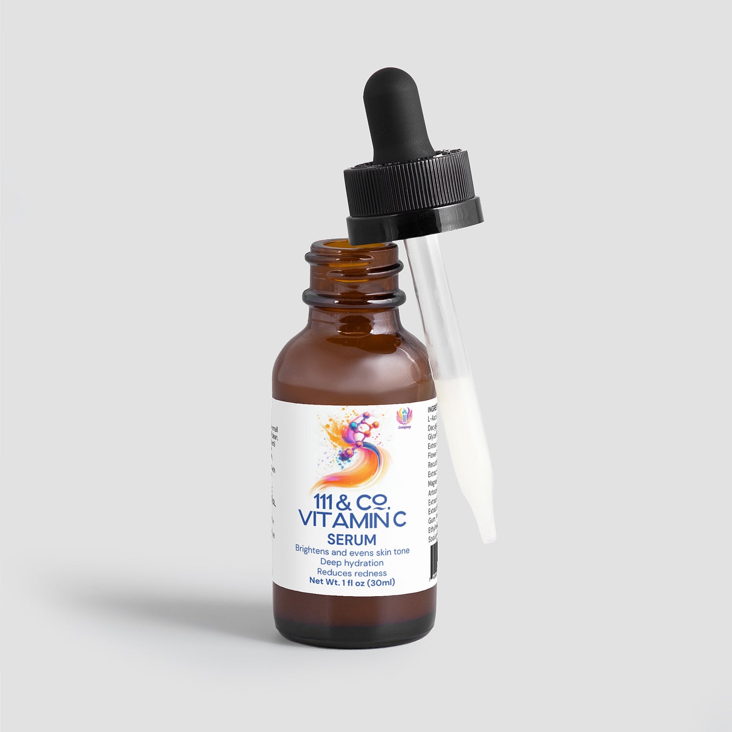 A brown glass bottle with a white label reads 111 & COMPANY VITAMIN C SERUM by 111 & Company. It boasts brightening, hydration, and collagen-boosting benefits. A black dropper cap leans against the bottles cloudy antioxidant-rich liquid, all set against a gray background.