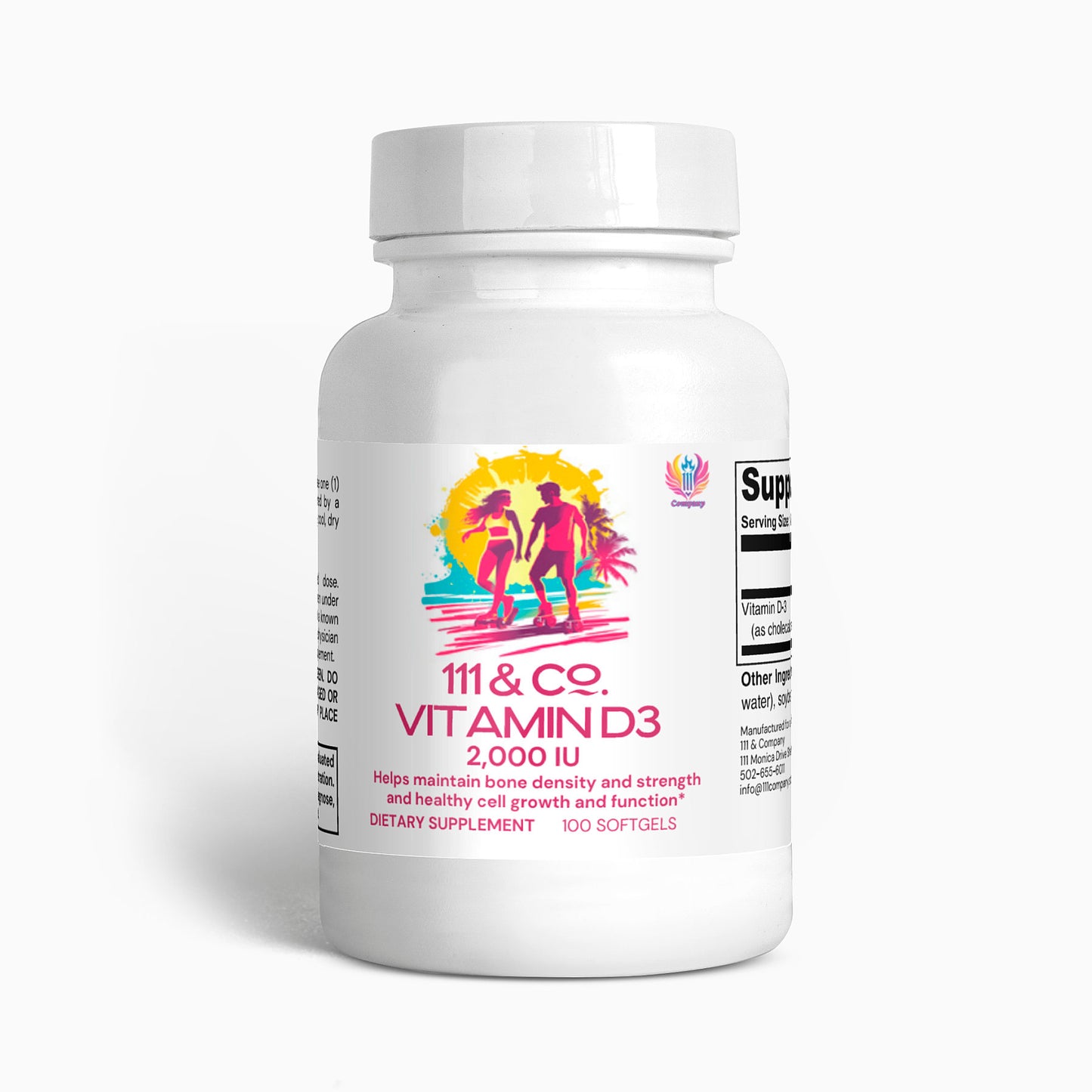 A white bottle labeled 111 & COMPANY VITAMIN D3 2,000 IU from 111 & Company contains 100 softgels. The front features colorful silhouettes of people, palm trees, and a sun, emphasizing bone density, strength, and cell growth benefits essential for bone health. Black text is on the side.