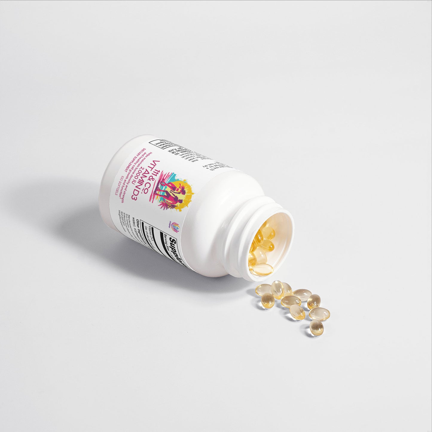 A white bottle of 111 & COMPANY VITAMIN D3 2,000 IU rests on its side against a plain background. The label, partially visible, features colorful graphics highlighting bone health. Transparent oval gel capsules are spilled out, reflecting light softly and boosting energy levels.