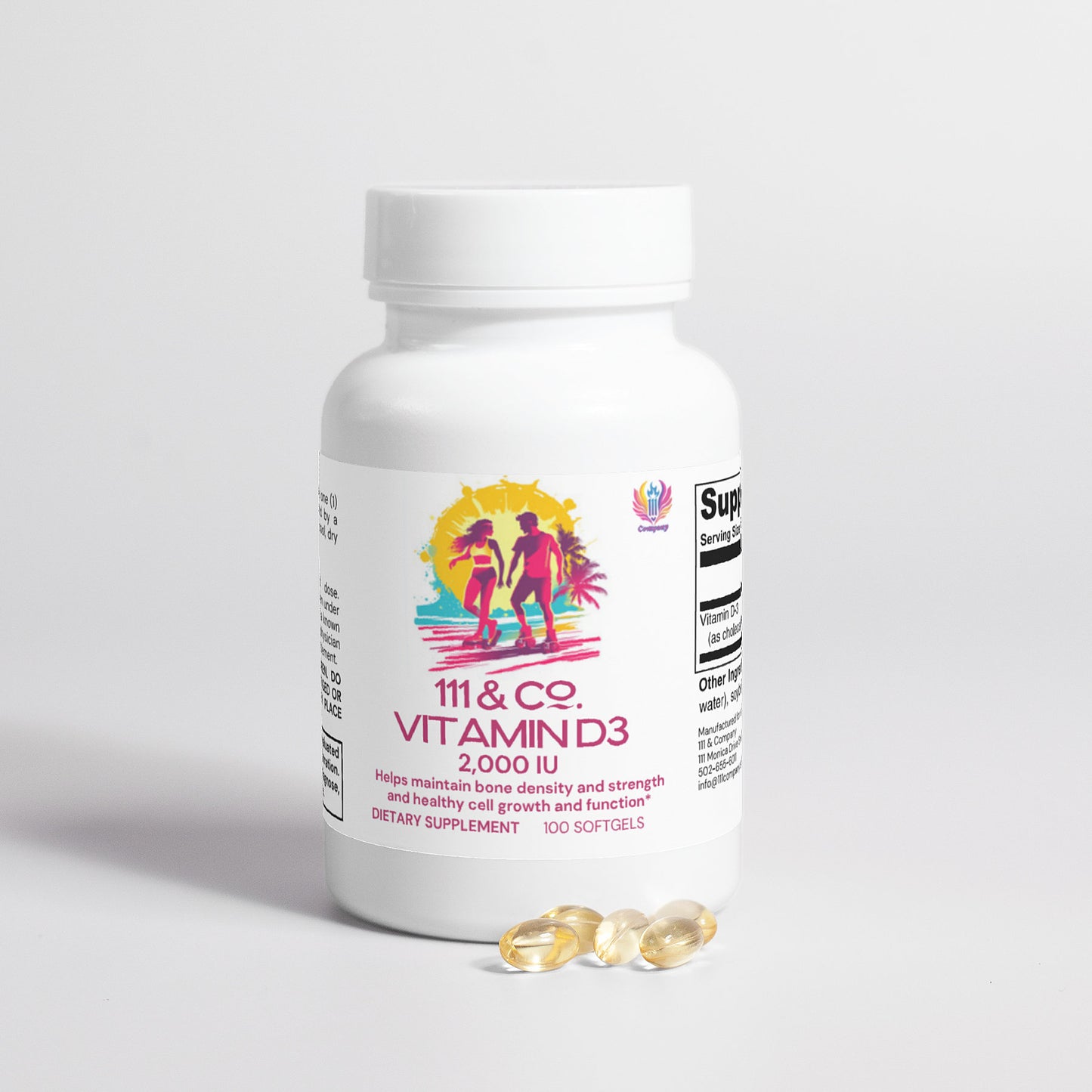 A vibrant label on a white bottle of 111 & COMPANY VITAMIN D3 2,000 IU by 111 & Company features a sun and two figures, highlighting bone health and energy support. It contains 100 softgels, with three shown in front.