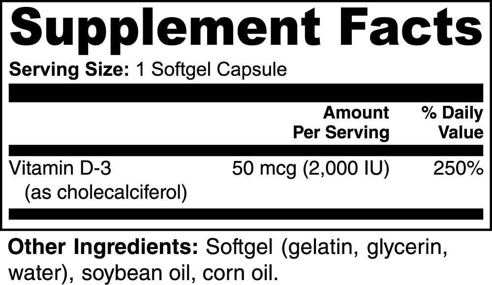 The 111 & COMPANY VITAMIN D3 2,000 IU from 111 & Company provides a serving size of one softgel capsule, delivering Vitamin D-3 (cholecalciferol) with 50 mcg (2,000 IU), supporting 250% of the daily value for bone health. It contains soybean oil and corn oil.