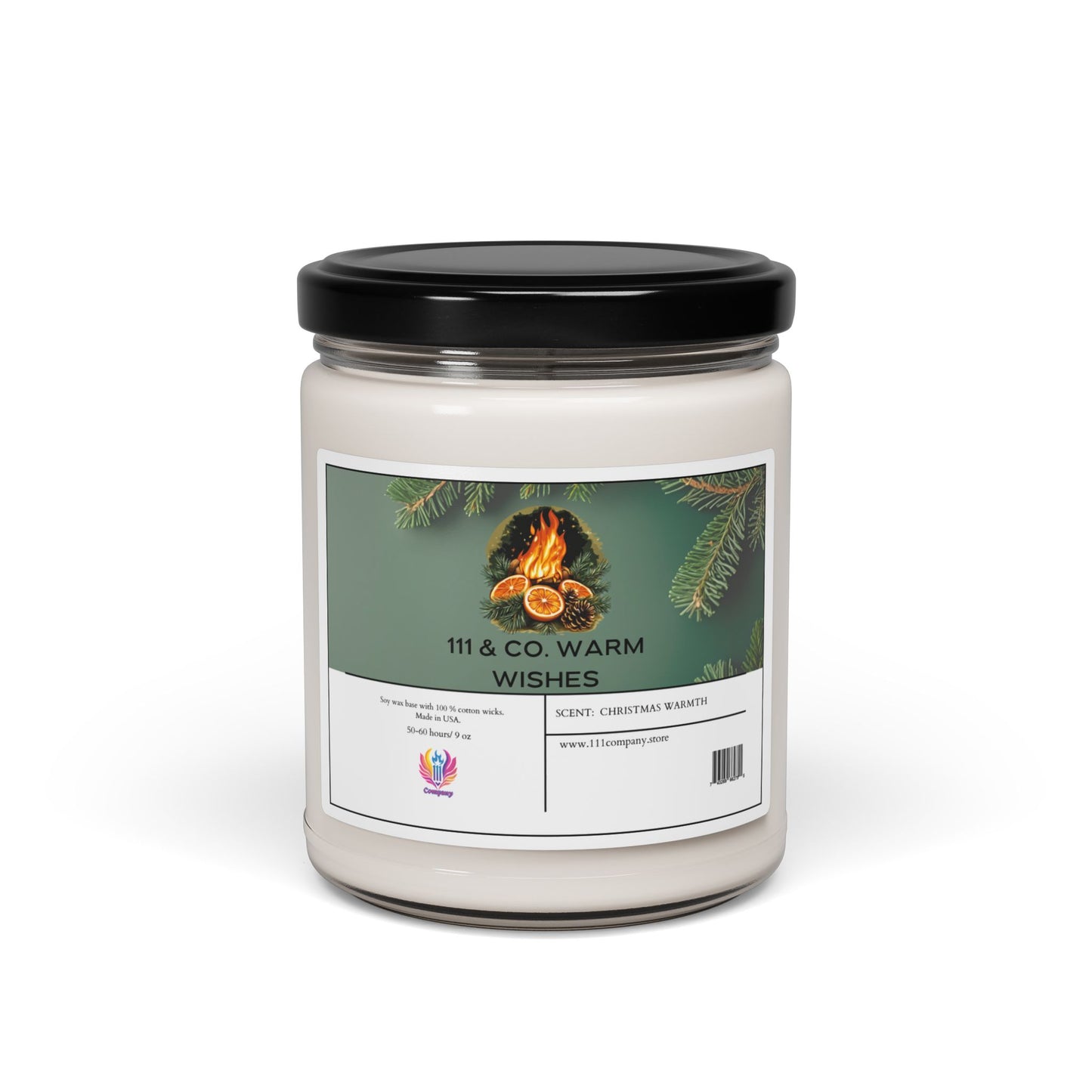 The 111 & Company candle features a white soy wax in a glass jar with a black lid, exuding an eco-friendly holiday scent. The label displays pine branches, a lit candle, orange slices, and reads Warm Wishes with Scent: Christmas Warmth. A website URL is included at the bottom.