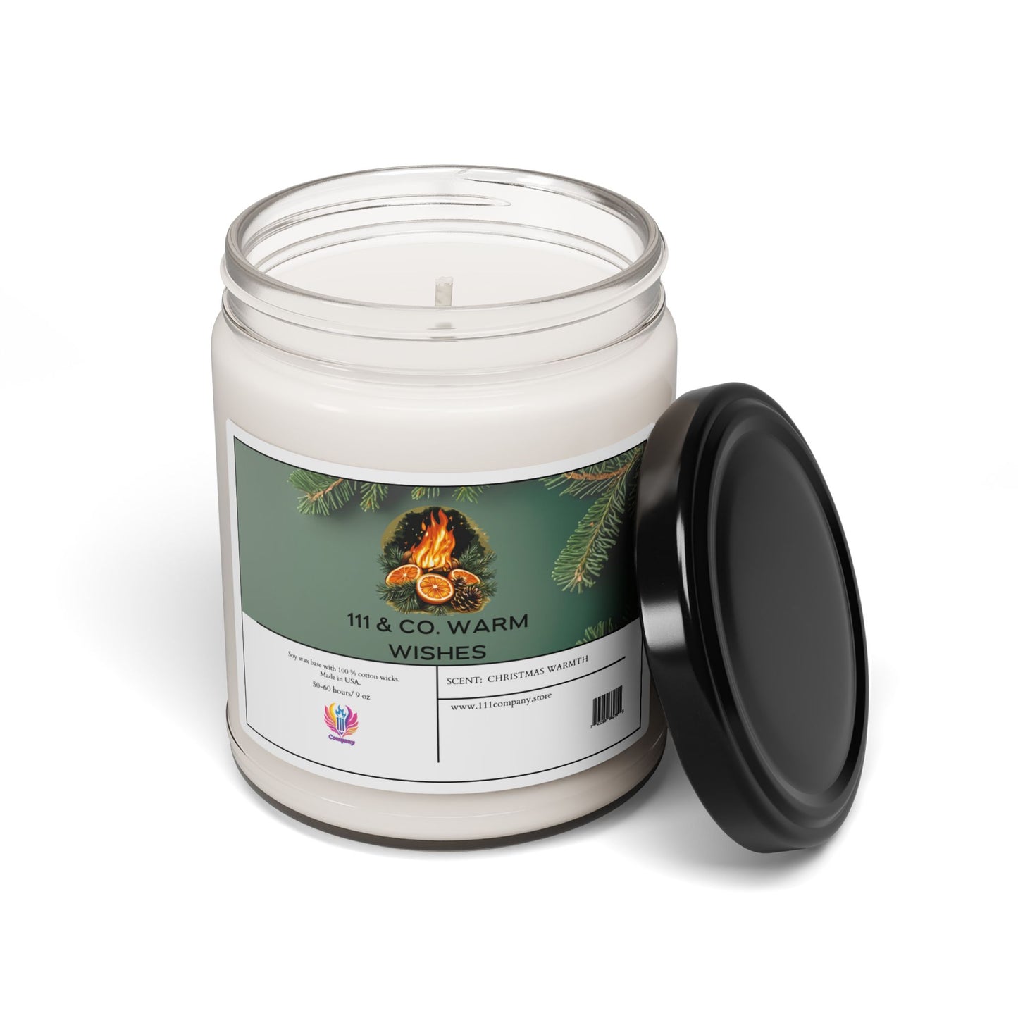 The 111 & Company Warm Wishes Christmas Warmth candle from 111 & Company is in a white jar with a black lid and features pine branch and bonfire illustrations. This eco-friendly, 9oz soy wax candle has a single wick and offers the festive scent of Christmas Wreath.