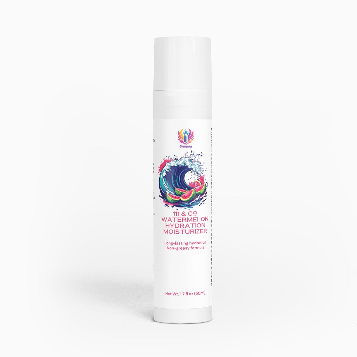 The cylindrical white bottle features a colorful label with a wave and fruit design. It reads 111 & COMPANY WATERMELON HYDRATION MOISTURIZER by 111 & Company, offering long-lasting hydration from its hydrating trio, including Niacinamide, in a non-greasy formula. Capacity: 1.7 fl. oz. (50ml).