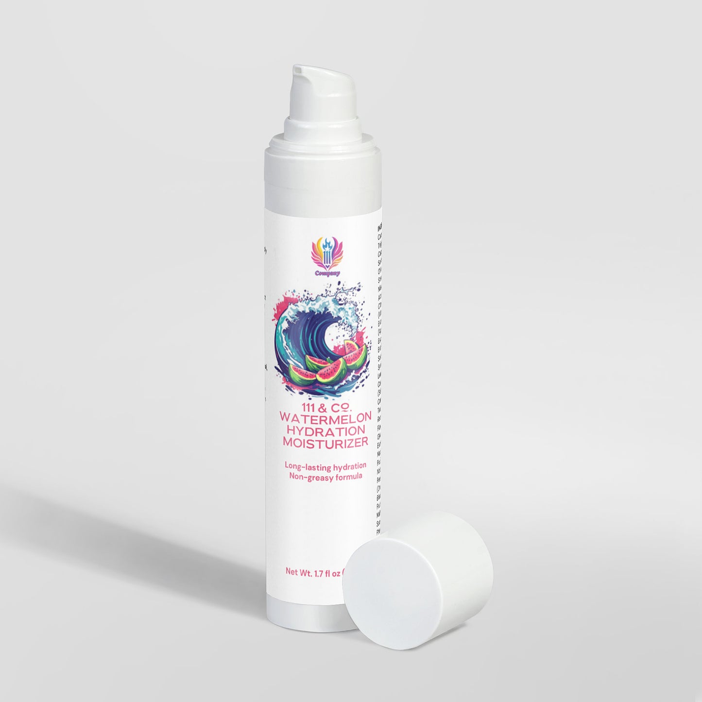 The 111 & COMPANY Watermelon Hydration Moisturizer by 111 & Company features a cylindrical bottle with a white pump and detachable cap. Its labels watermelon splash highlights long-lasting hydration and a non-greasy formula, enhanced by a hydrating trio with Niacinamide.