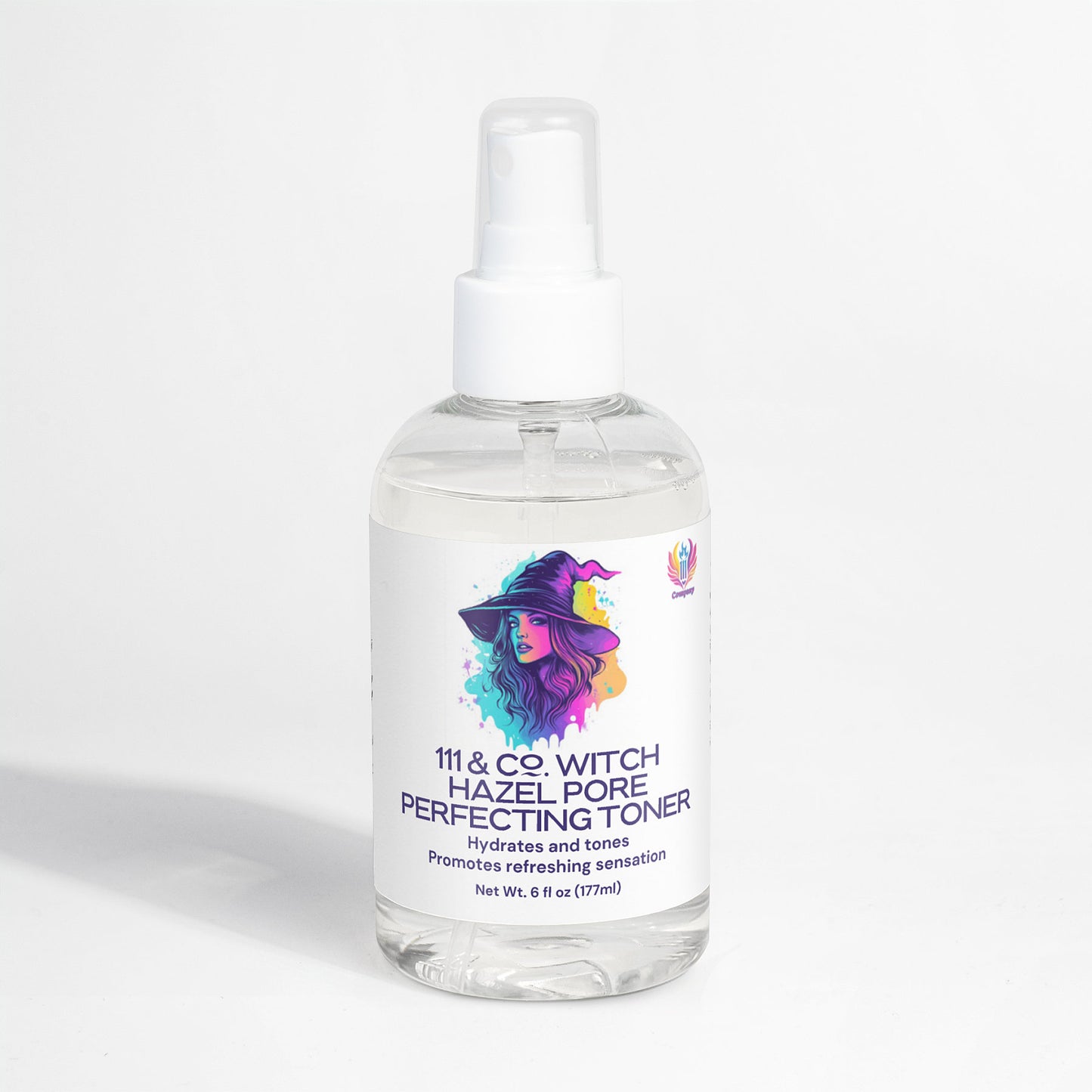 The 6 fl oz (177 ml) 111 & COMPANY WITCH HAZEL PORE PERFECTING TONER by 111 & Company, now with Sodium Hyaluronate, features a design of a woman with rainbow hair wearing a witch hat and hydrates, tones, and refreshes.