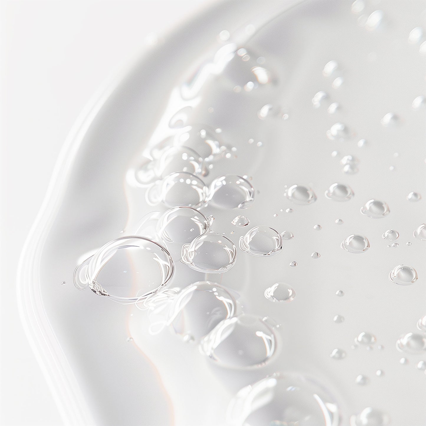 Close-up image of 111 & COMPANY WITCH HAZEL PORE PERFECTING TONER by 111 & Company: clear liquid gel with air bubbles forming organic patterns. Its glossy, smooth, and translucent texture reflects light against a plain white background, emphasizing purity and fluidity.