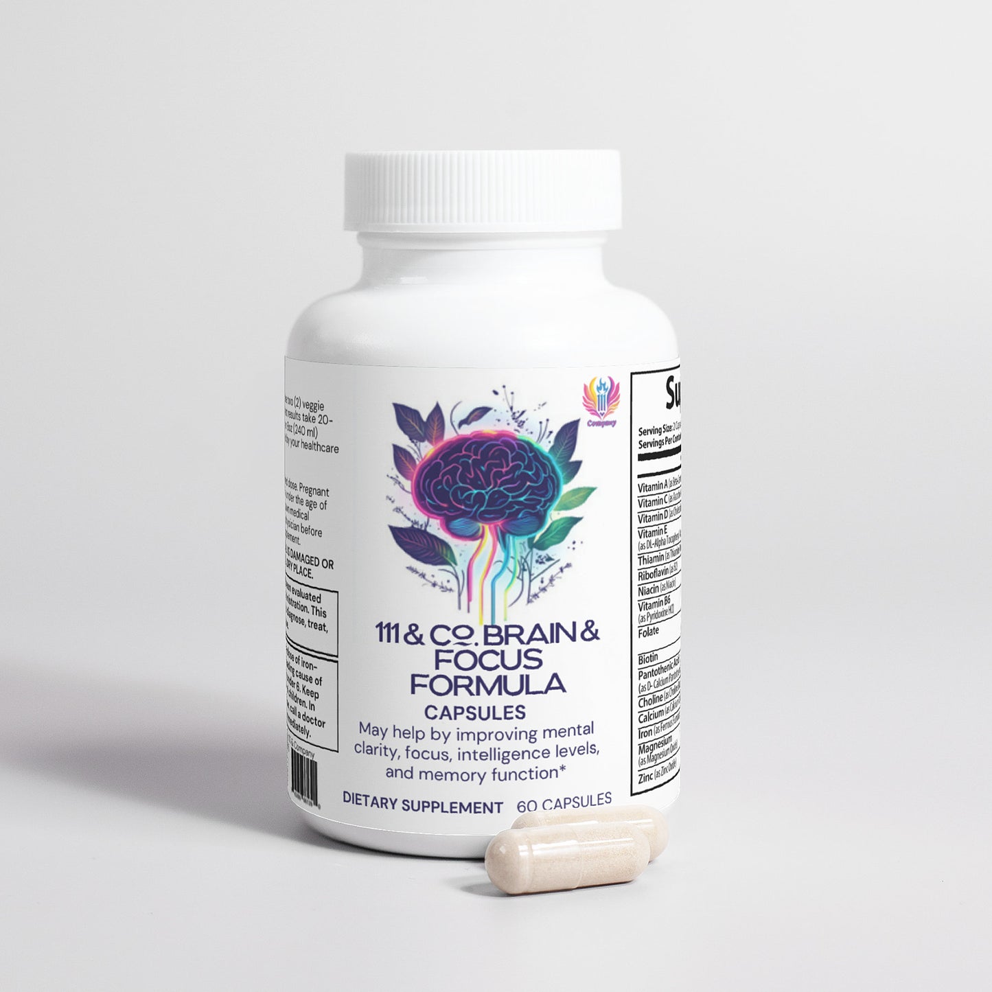 A white bottle labeled 111 & COMPANY BRAIN & FOCUS FORMULA stands upright, featuring a colorful geometric brain design. Two beige capsules lie beside it, aiming to improve focus and boost neuroactivity for enhanced mental clarity and memory function. Brand: 111 & Company.