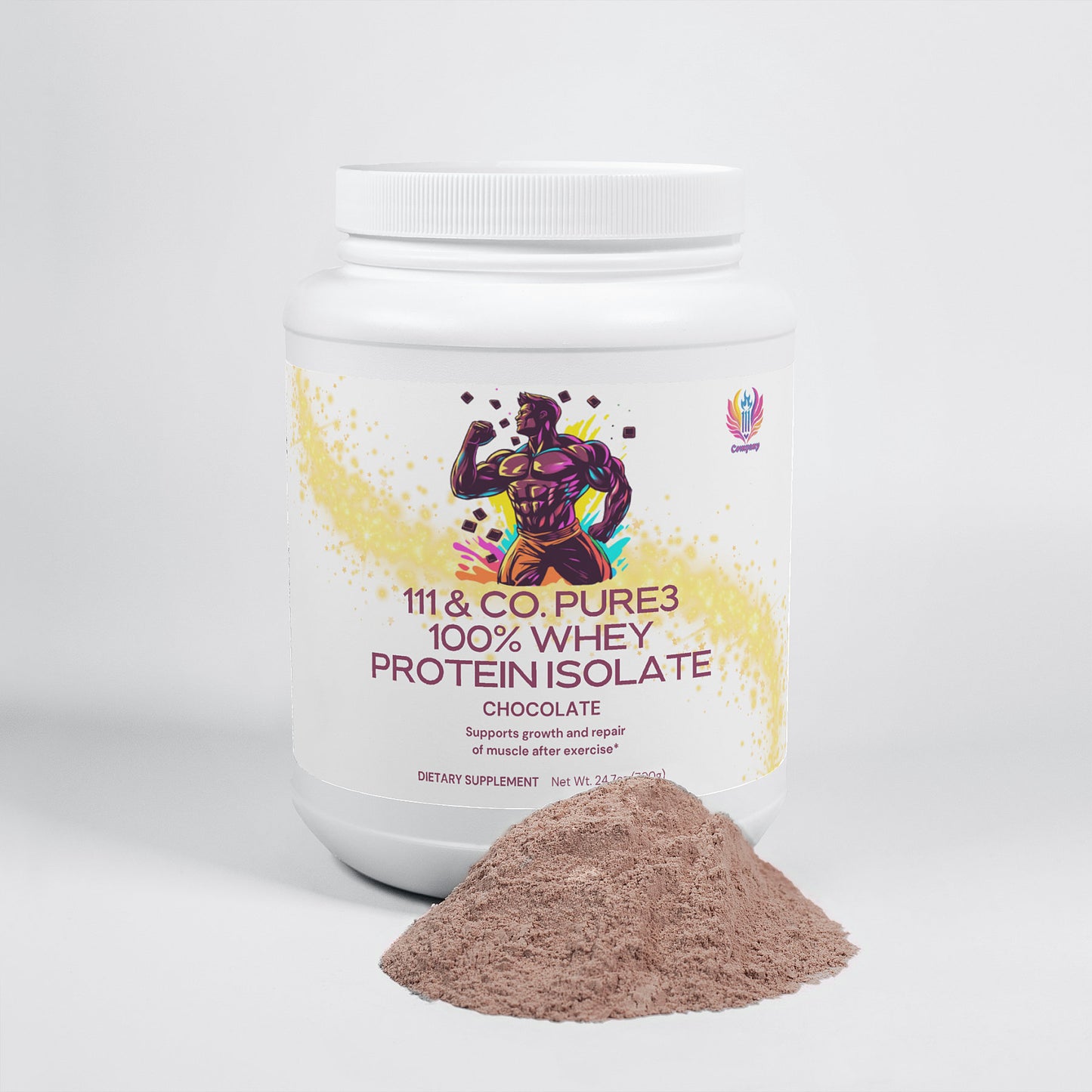 A container of Retro Fitness Supplements 111 & COMPANY PURE3 100% Whey Protein Isolate in chocolate flavor is on display, ideal for muscle growth. The label shows a muscular figure with a colorful splash, and a small pile of naturally sweetened chocolate powder is in front.