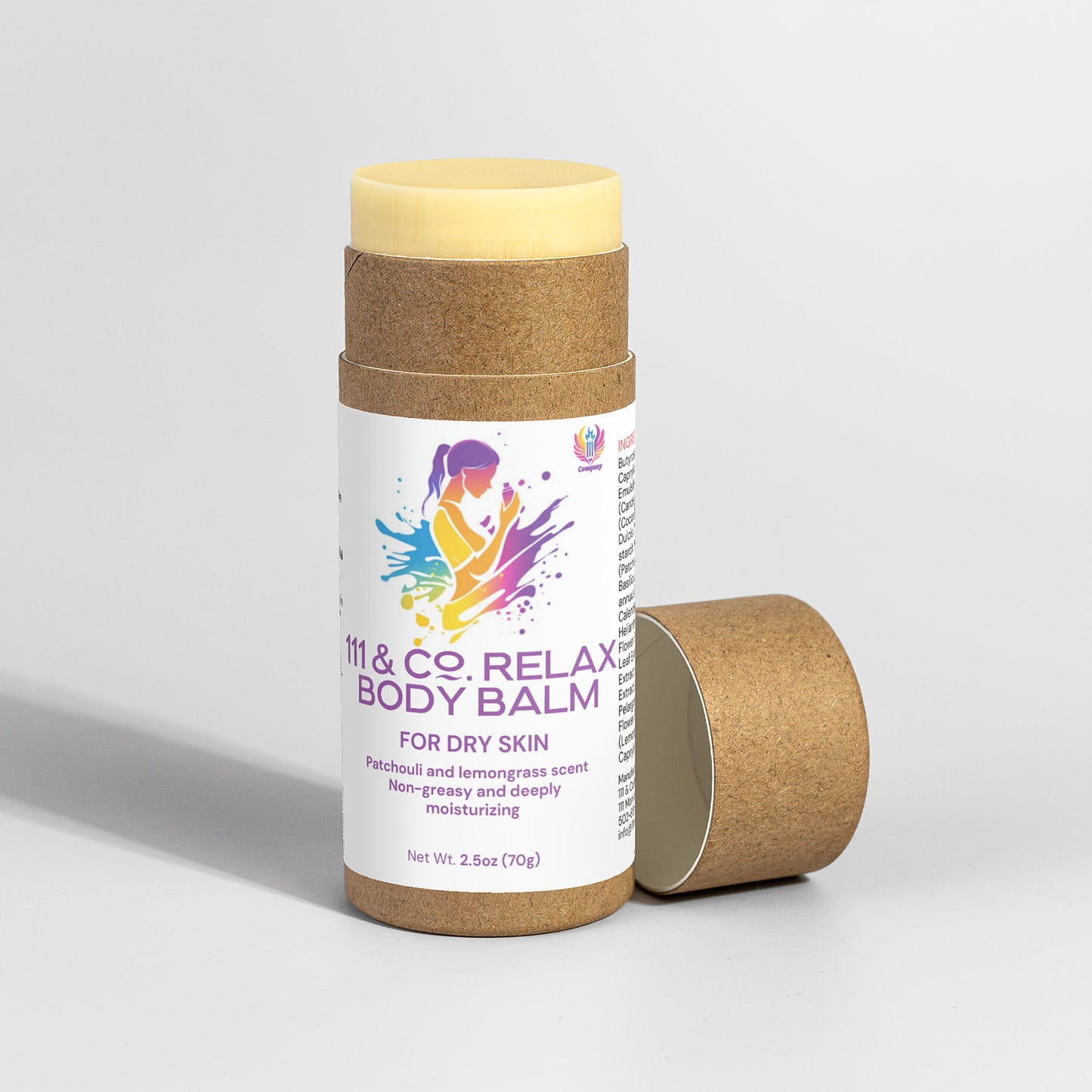 A cylindrical cardboard tube of 111 & COMPANY RELAX BODY BALM by Retro Fitness Supplements is displayed, featuring a colorful silhouette of a meditating woman. Infused with natural plant extracts, it offers a non-greasy, deeply moisturizing treatment with patchouli and lemongrass scent.