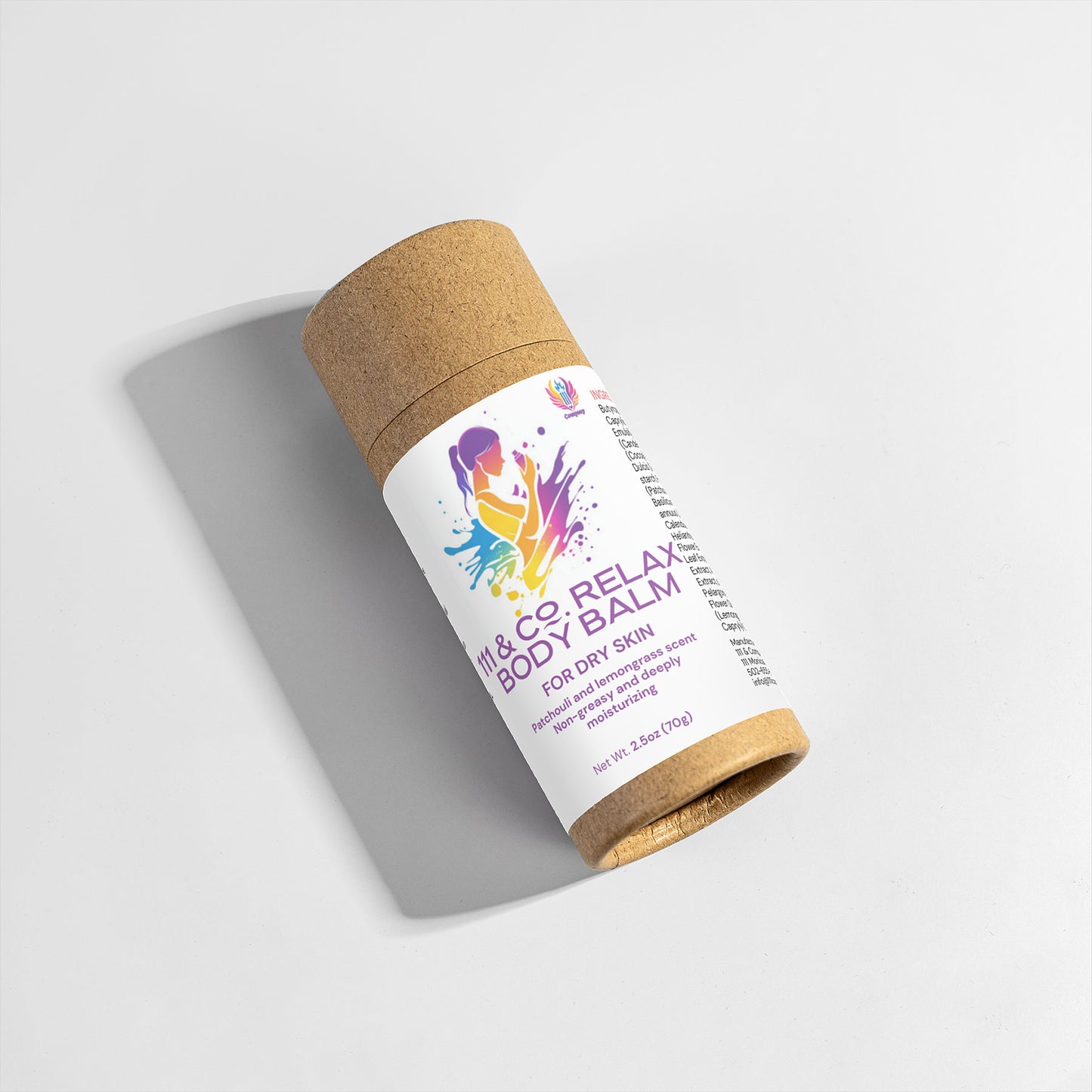 The cylindrical cardboard container with a brown lid displays 111 & COMPANY RELAX BODY BALM by Retro Fitness Supplements. Its colorful abstract design emphasizes its eco-friendly nature, while the moisturizing treatment sits casting a soft shadow on the light gray surface below.
