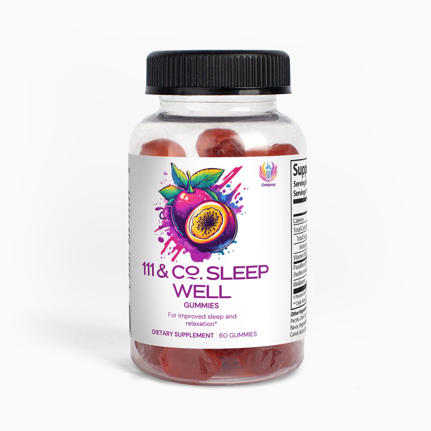 A clear bottle with a black cap holds 60 red 111 & Company Sleep Well Gummies (Adult). The label shows purple and yellow passionfruit art and promotes improved REM sleep and relaxation.