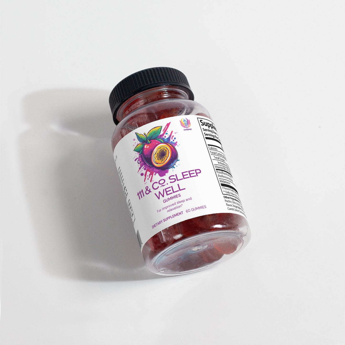 A clear plastic bottle with a black lid, labeled “111 & COMPANY SLEEP WELL GUMMIES (ADULT)” by 111 & Company. The label shows vibrant passionfruit art and supplement facts. Inside are red gummies with melatonin made to support restful REM sleep.
