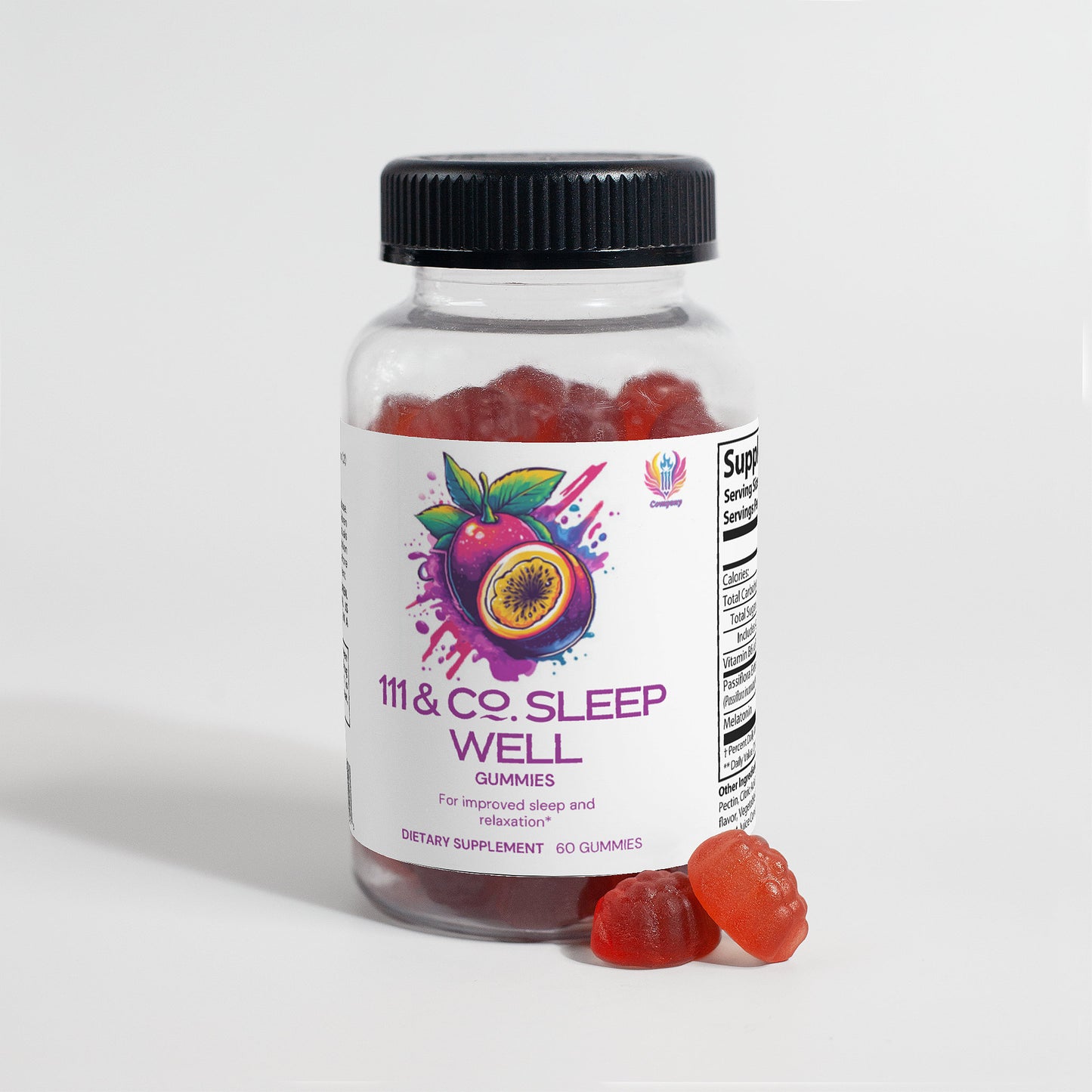 A plastic bottle of 111 & Company Sleep Well Gummies (Adult) with a passionfruit graphic sits on a white surface. The bottle contains red melatonin gummies, with two—one berry-shaped—placed outside next to it.