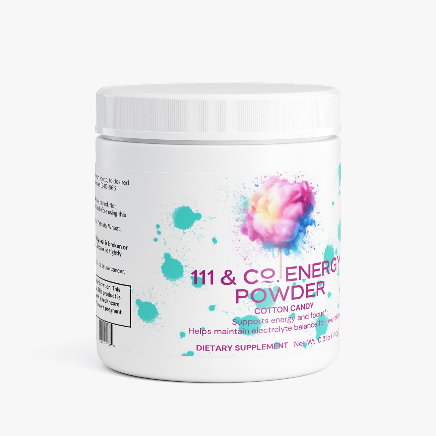 A white plastic container of 111 & COMPANY ENERGY POWDER (COTTON CANDY) by 111 & Company features a cotton candy graphic. This sugar-free powder supports energy, focus, and electrolyte balance. Net weight: 0.3 lb (136g).