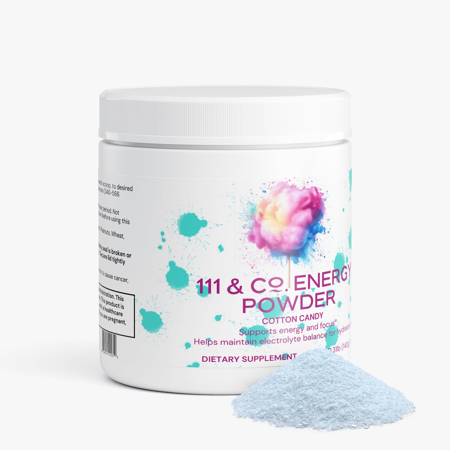 A white plastic jar labeled 111 & Company Energy Powder (Cotton Candy) sits beside light blue powder, featuring a cotton candy graphic and turquoise splashes, highlighting this sugar-free supplement for sustained energy and sweet flavor.