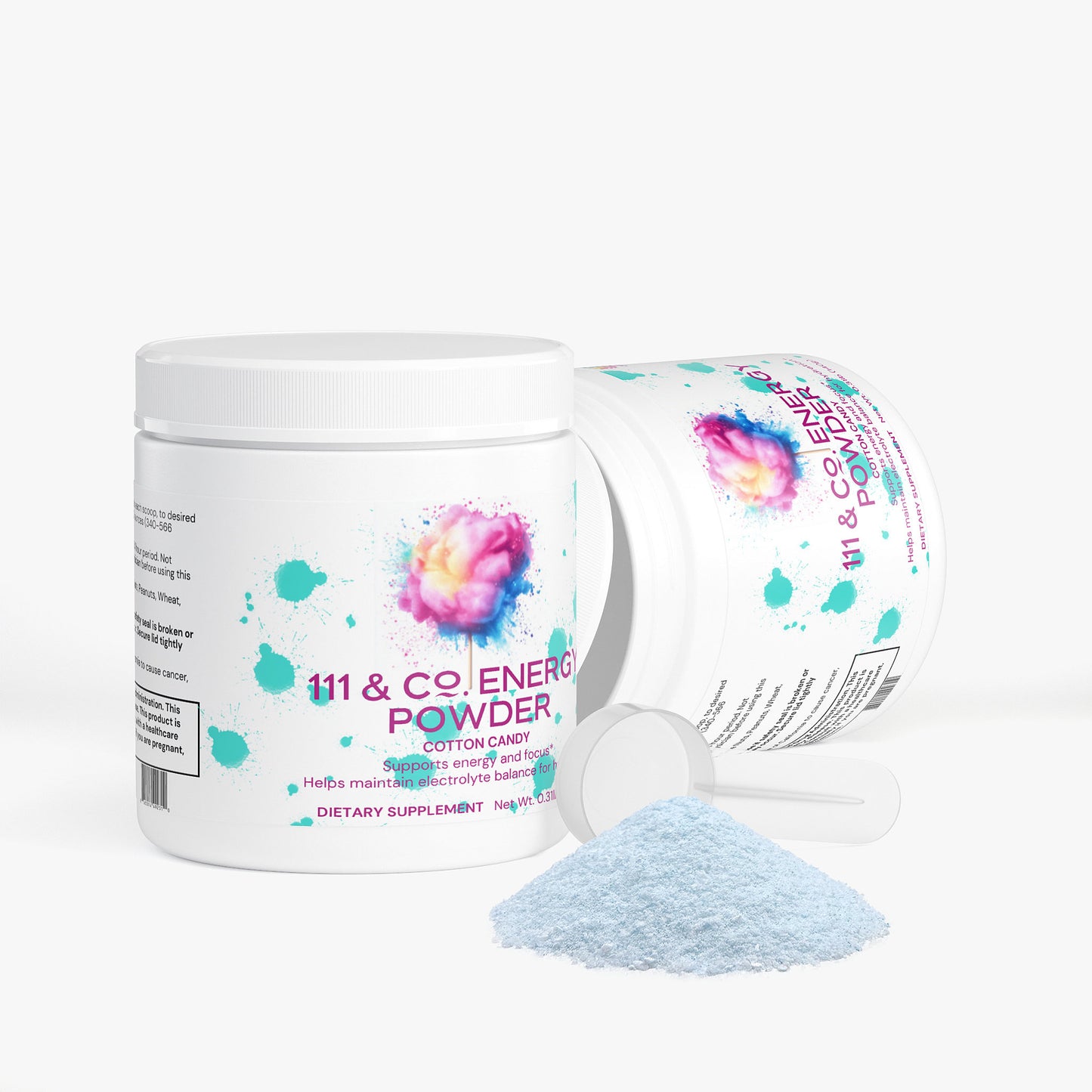 Two white containers of 111 & Company Energy Powder (Cotton Candy) are displayed, one upright and one on its side, with a clear scoop of light blue powder in front. The label has colorful splashes and highlights this sugar-free supplement.