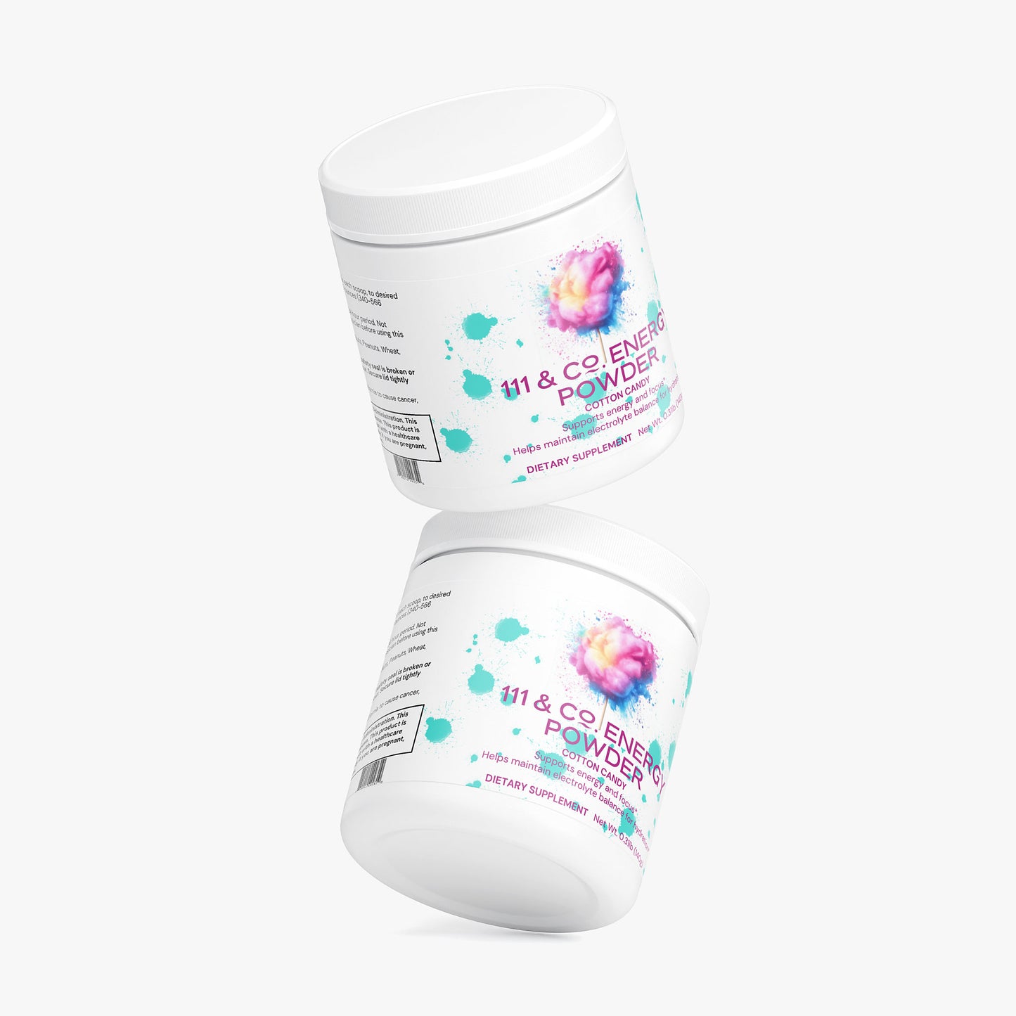 Two white 111 & Company Energy Powder (Cotton Candy) jars with abstract green and pink designs float against a light background. These sugar-free supplements offer sustained energy for your day.