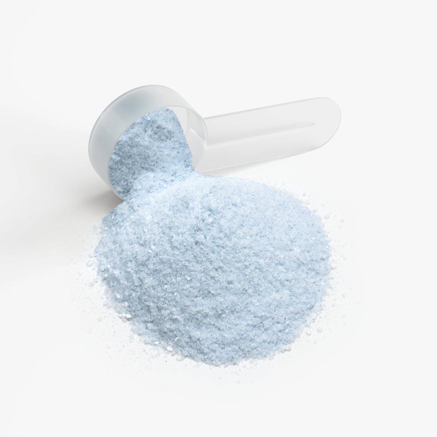 A translucent scoop of 111 & COMPANY ENERGY POWDER (COTTON CANDY) by 111 & Company spills fine, light blue, sugar-free granules onto a white surface as the scoop’s handle points upward.